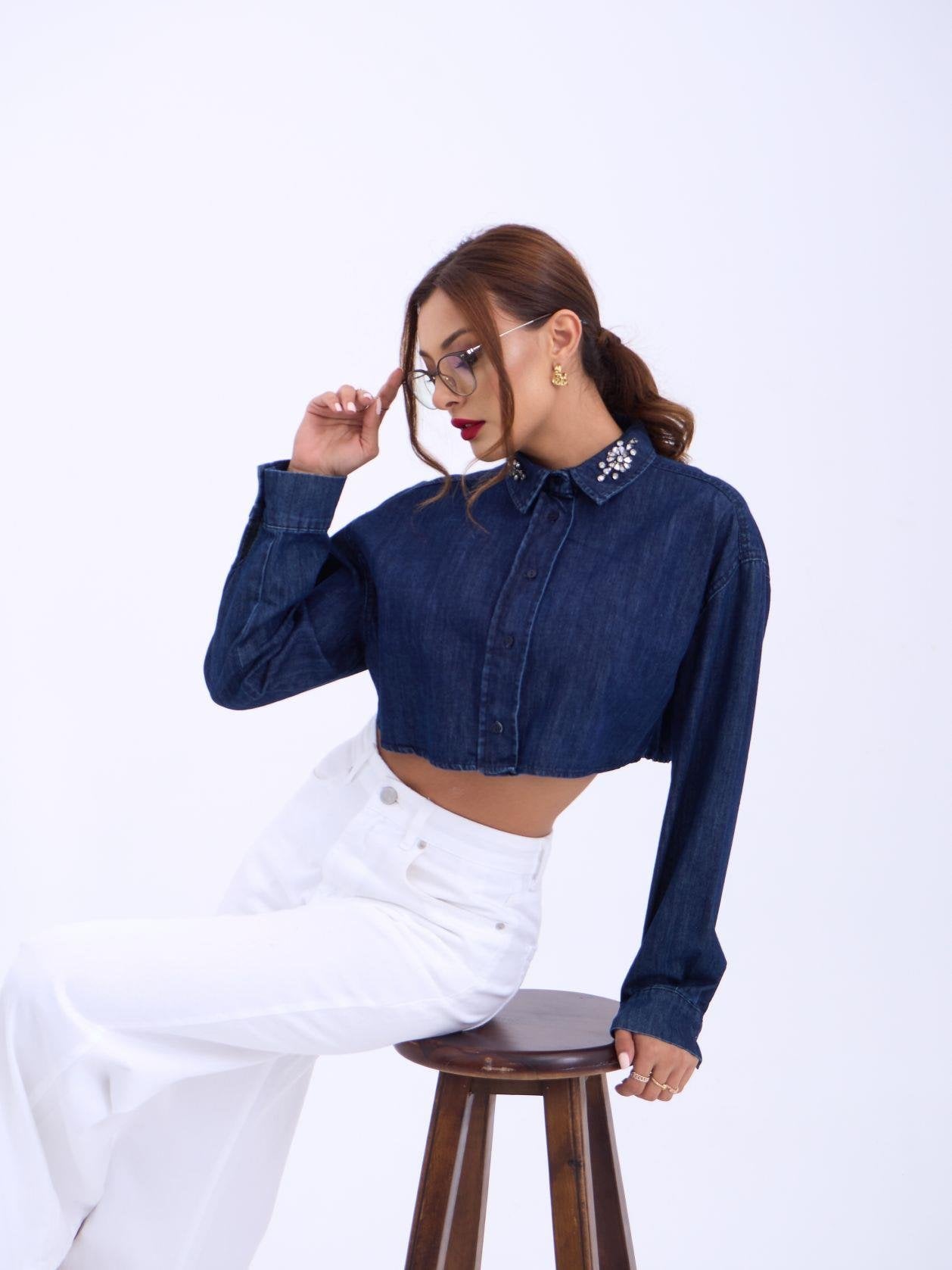 Women's Denim Blouse - Dark Blue - Fame - by Peralane - photo 2