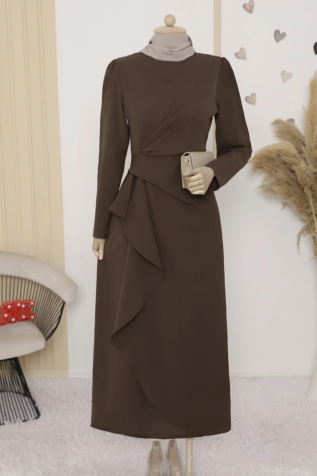 Asymmetric Wrap-Style Brown Dress with Long Sleeves - Podyumplus - by Peralane - photo 2