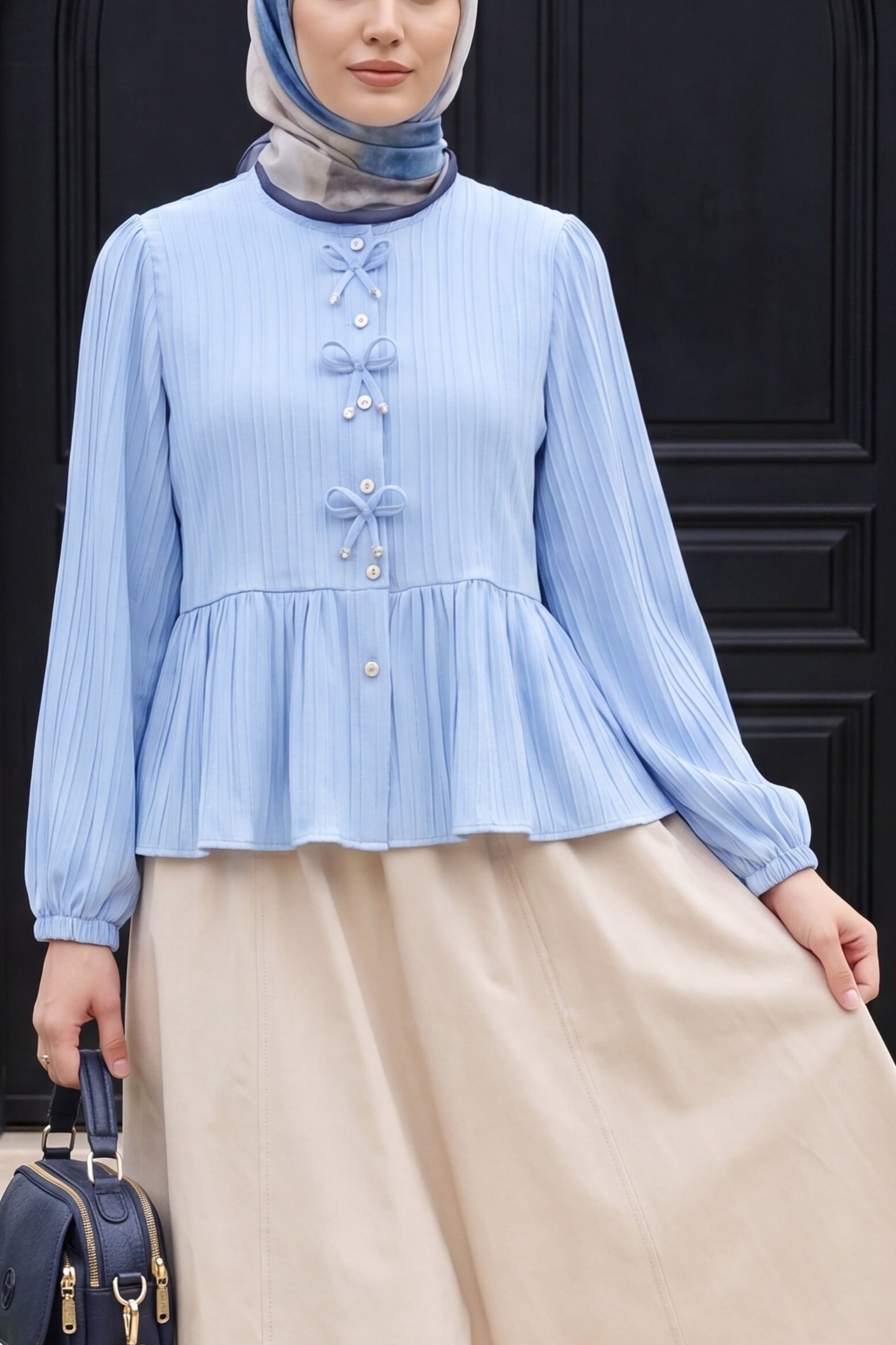 Peplum Blouse with Bow Detail and Pearl Buttons - Light Blue - Podyumplus - by Peralane - photo 3