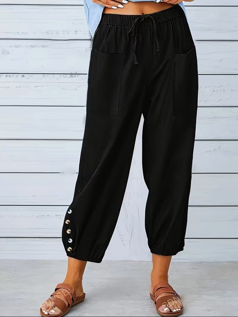 Women's Black Drawstring Waist Cropped Trousers with Button Detail - Janes - by Peralane - photo 2