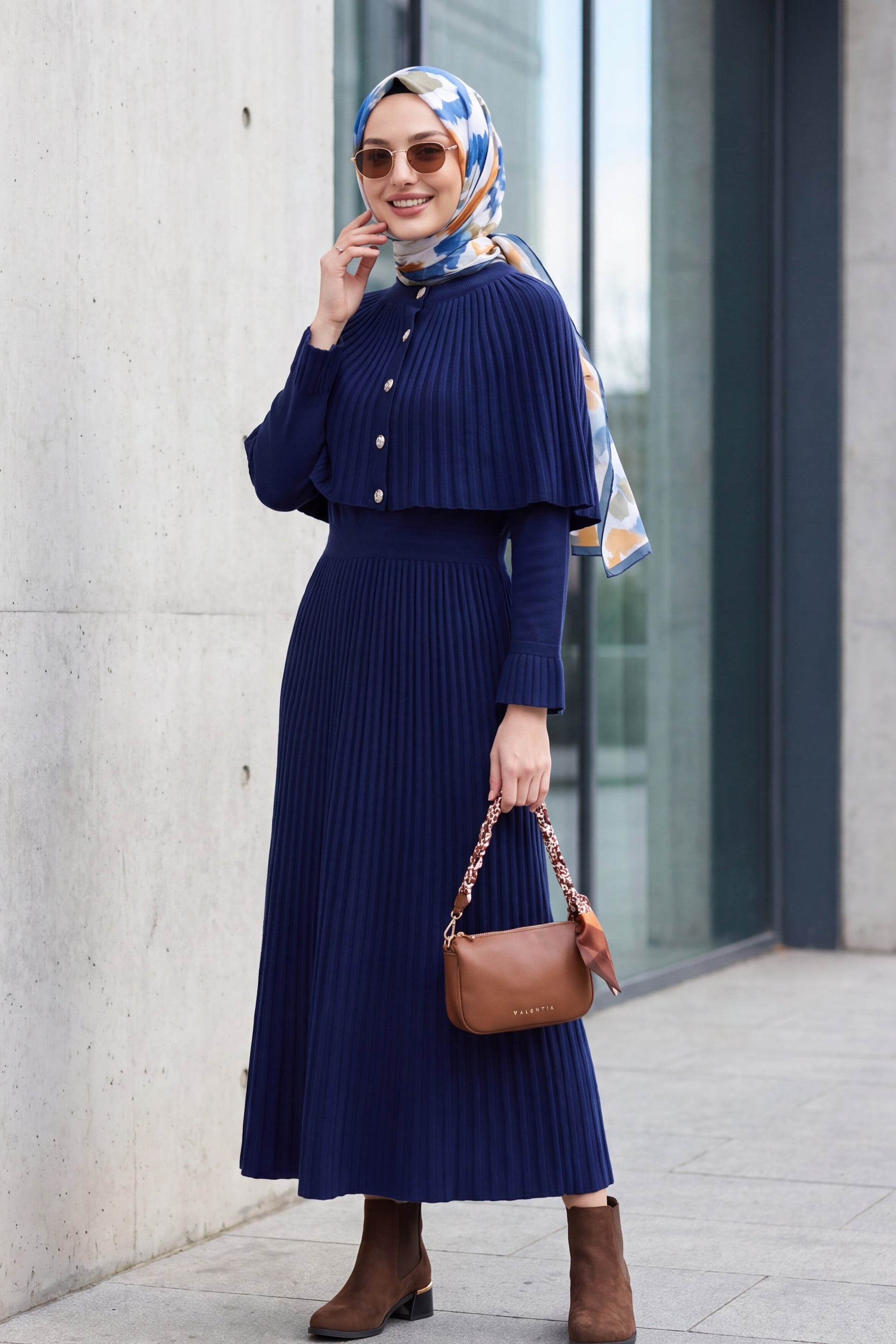 Navy Blue Pleated Cape Detail Long Knit Dress with Ribbed Skirt - Podyumplus - by Peralane - photo 3