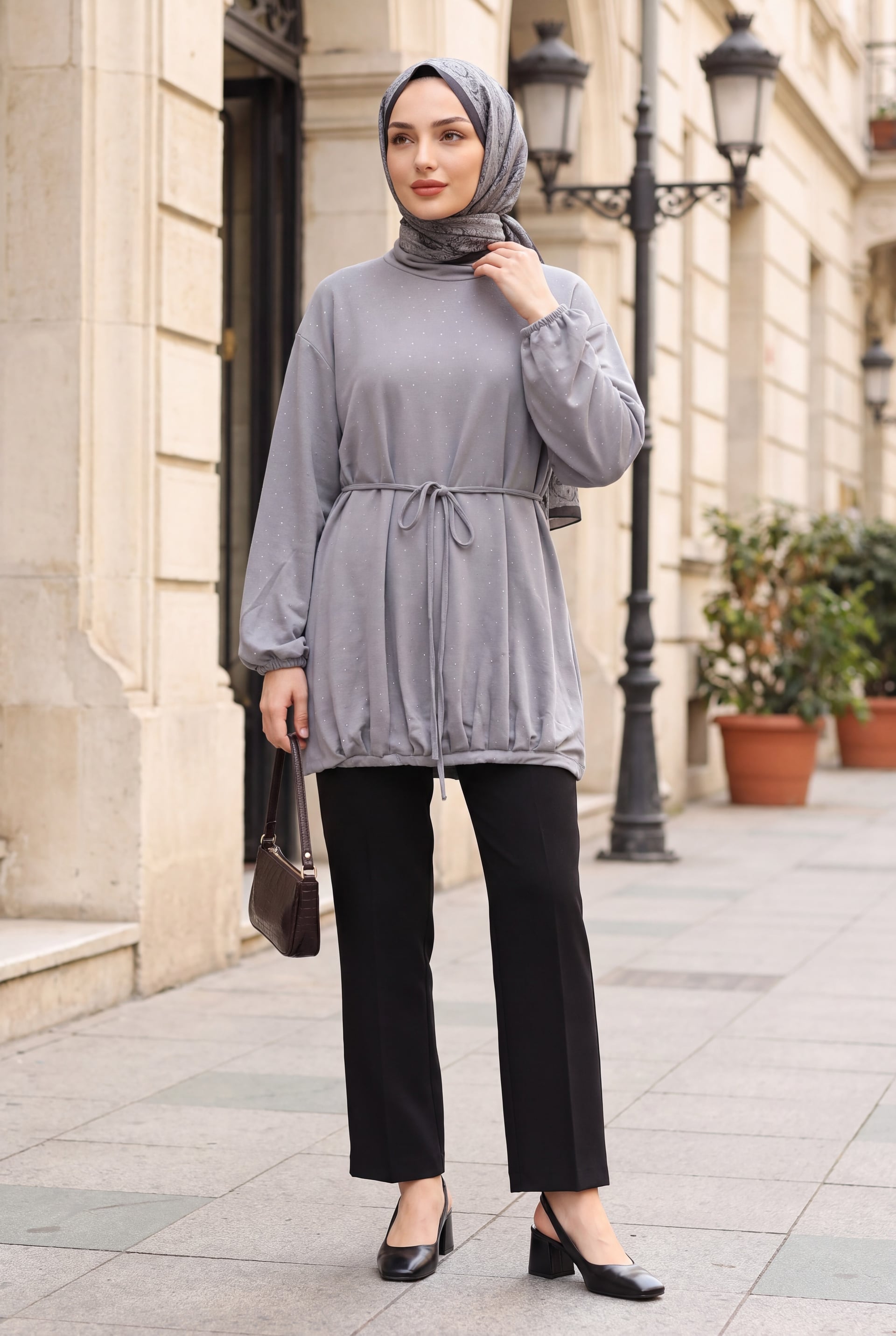 Half-Zip Drawstring Waist Sweatshirt Dress with Elasticated Skirt - Light Grey - Podyumplus - by Peralane - photo 2
