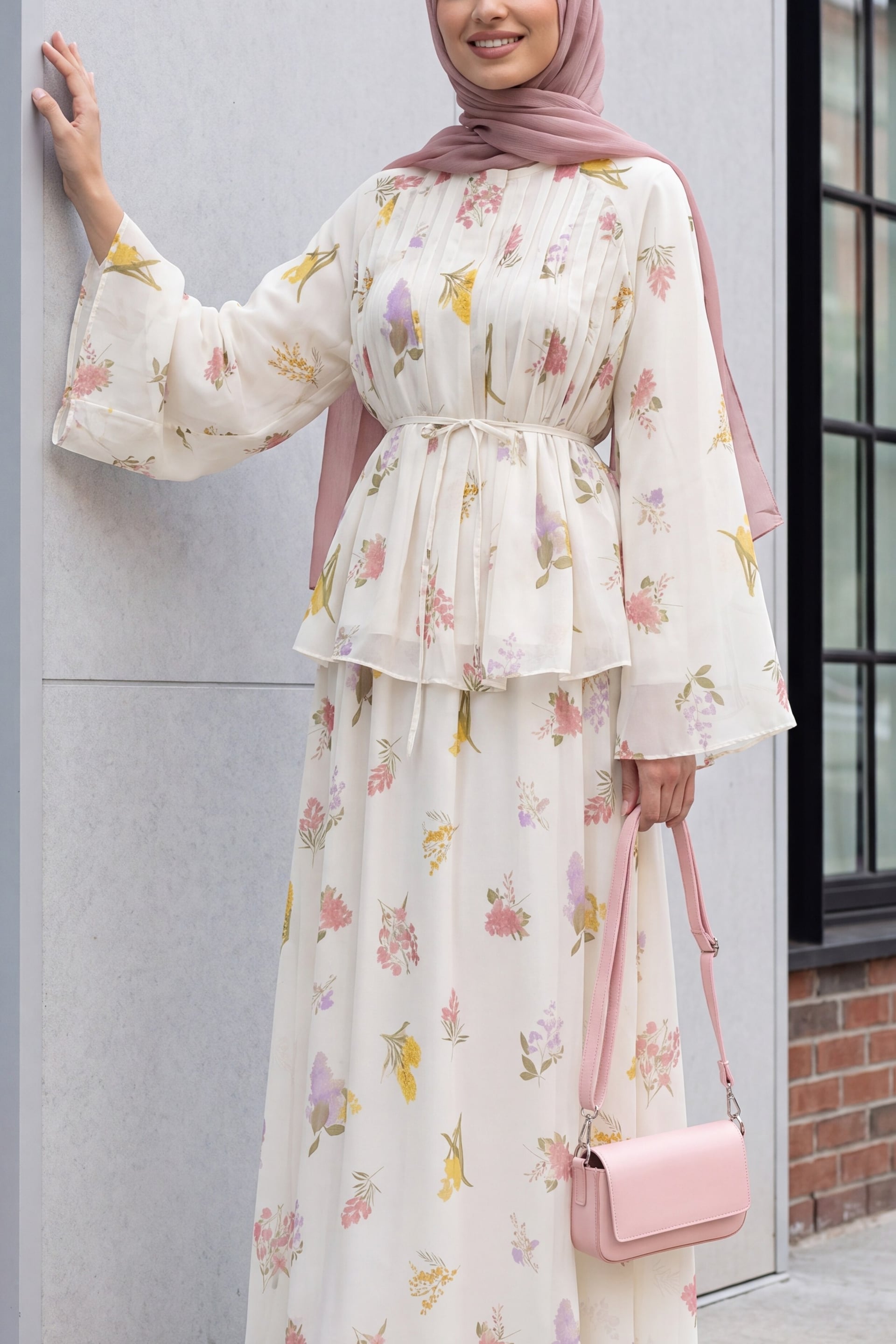 Ecru Floral Print Lined Tie Belt Chiffon Two-Piece Set with Skirt - Podyumplus - by Peralane - photo 3