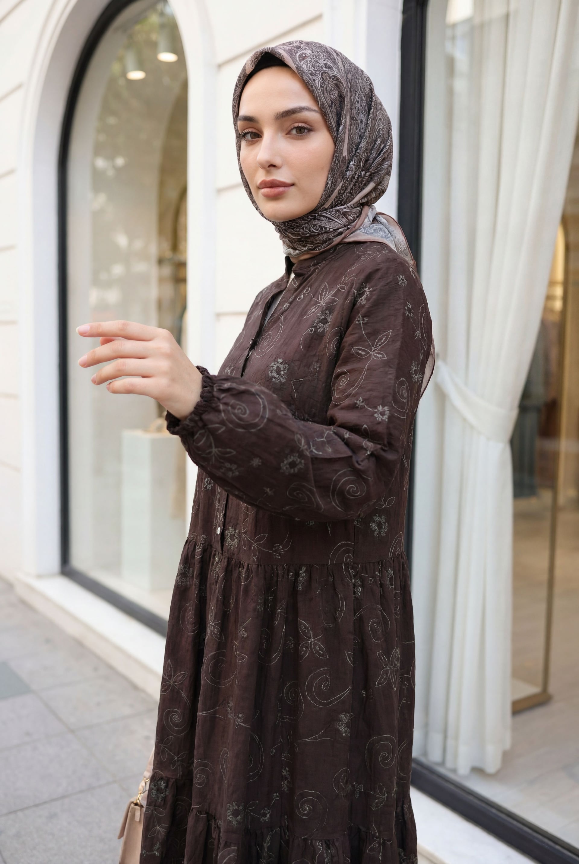 Women's Brown Long-Sleeve Jakar Printed Tiered Midi Dress with Partial Button Placket and Elastic Cuffs - Podyumplus - by Peralane
