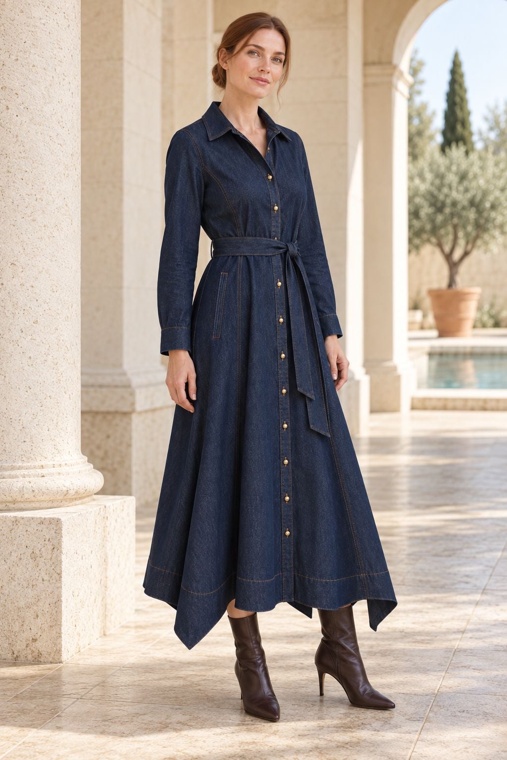 Asymmetric Hem Belted Denim Dress with Handkerchief Hem in Slub Navy - 3090 - Xlove - by Peralane - photo 3