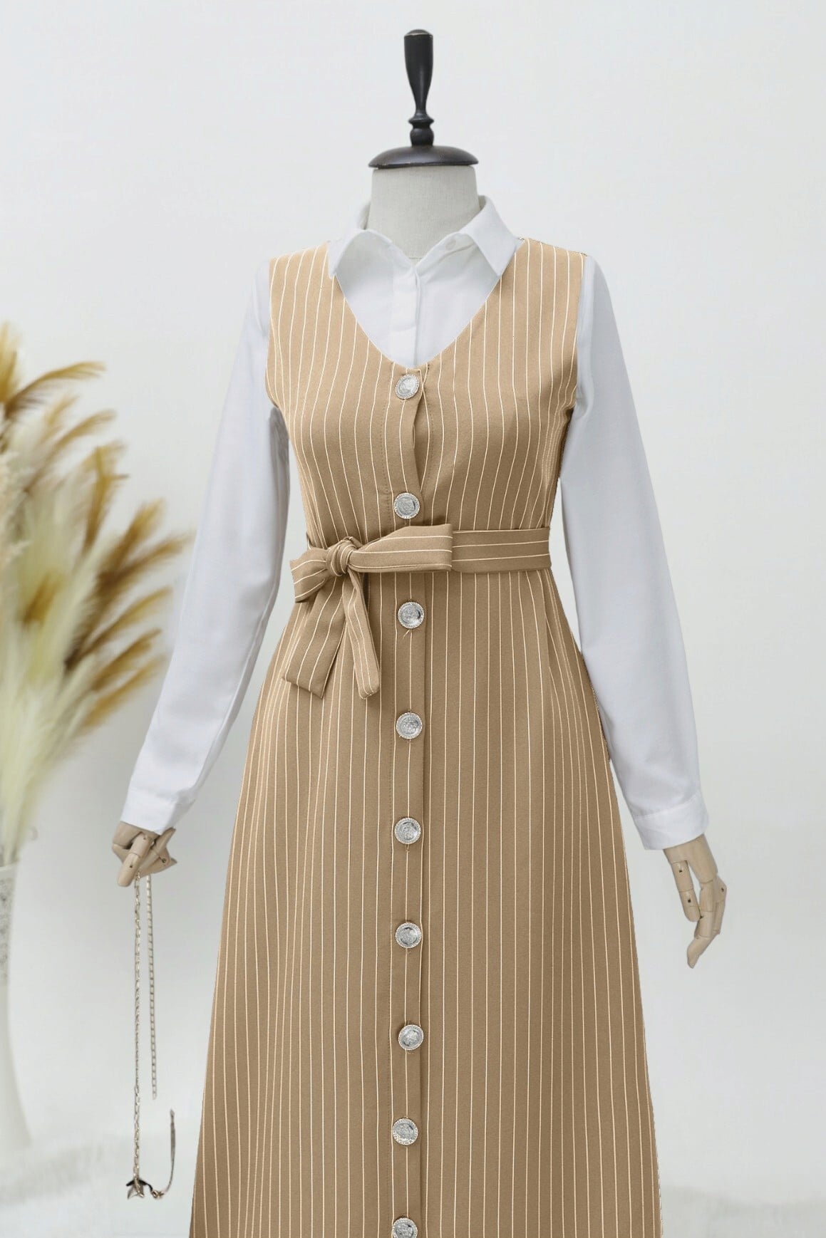 Long-Sleeved White Shirt and Sleeveless Brown Pinstripe Pinafore Dress Modest Set - Vizon - Podyumplus - by Peralane - photo 3