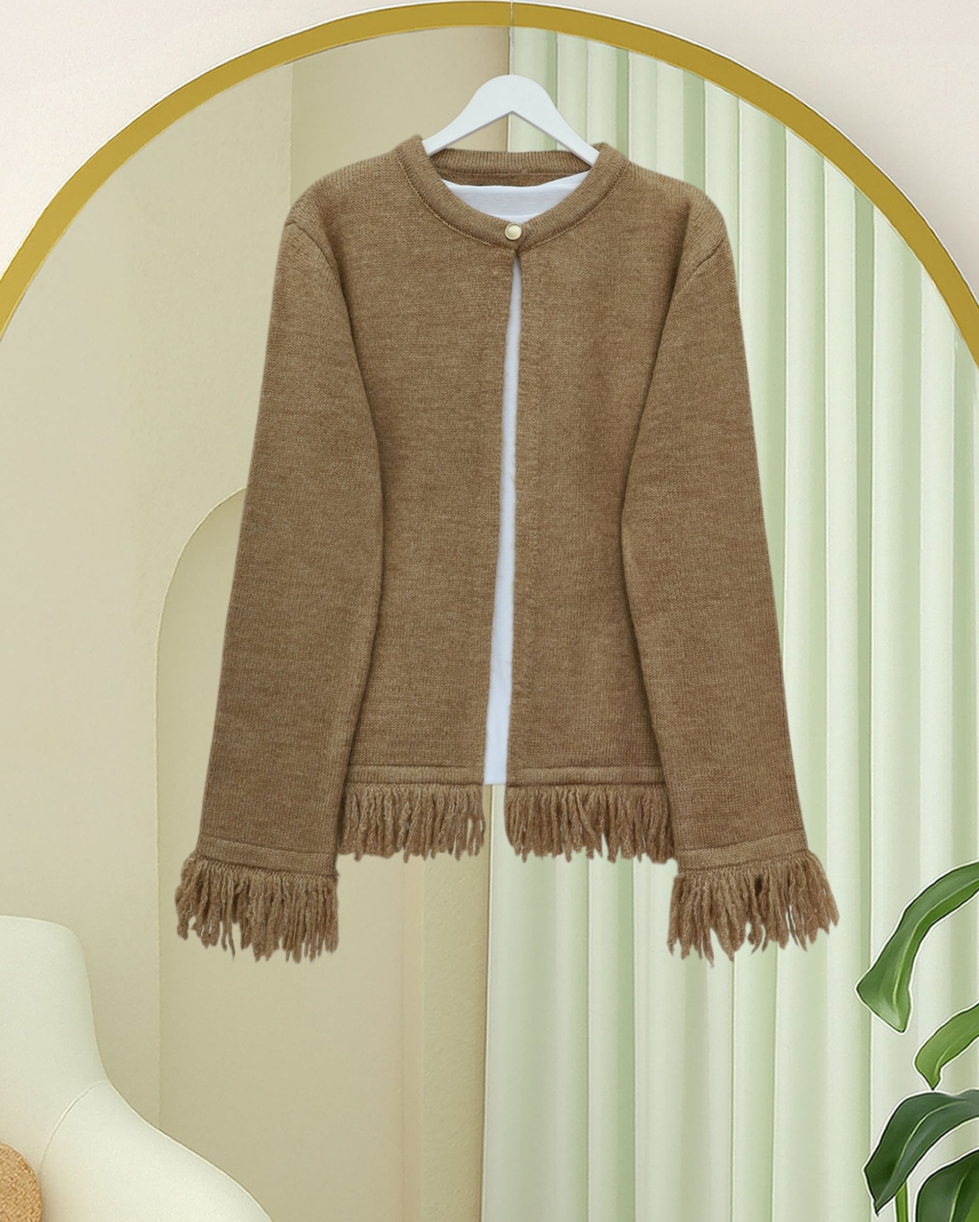Single Button Fringed Soft Knit Cardigan - Mink - Podyumplus - by Peralane - photo 4