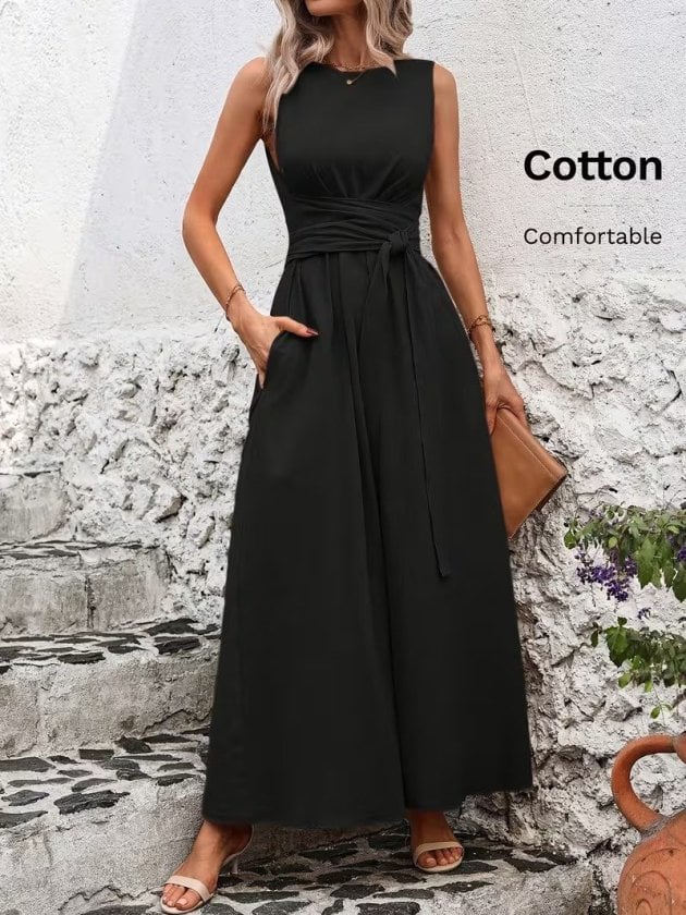 Women's Sleeveless Black Midi Dress with Self-Tie Belt - Janes - by Peralane - photo 4