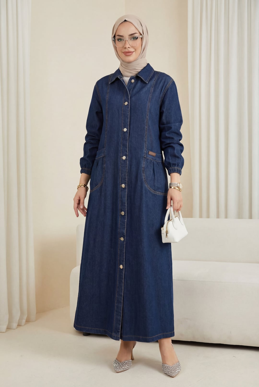 Long Denim Coat with Patch Pockets and Metal Buttons - Navy Blue - Podyumplus - by Peralane