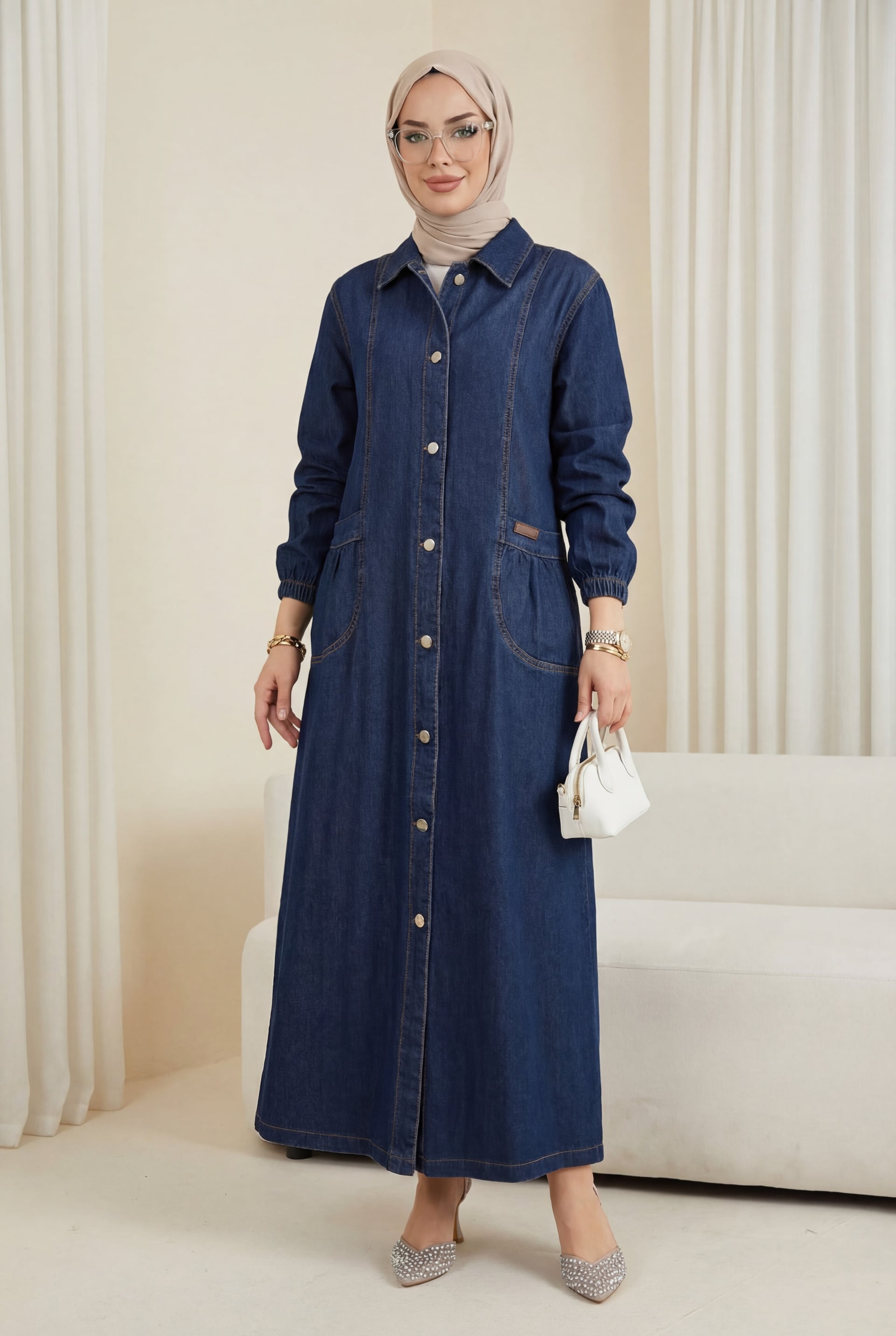 Long Denim Coat with Patch Pockets and Metal Buttons - Navy Blue - Podyumplus - by Peralane