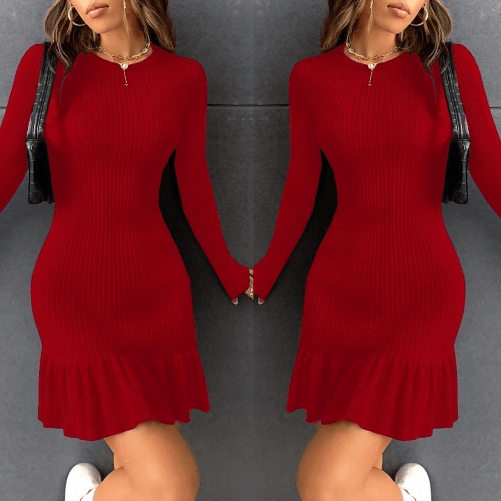Women's Ribbed Knit Mini Dress with Flared Hem - Red - Janes - by Peralane - photo 3