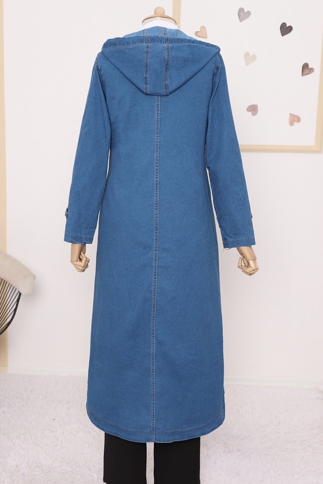 Women's Hooded Long Denim Coat in Dark Navy - Podyumplus - by Peralane - photo 6