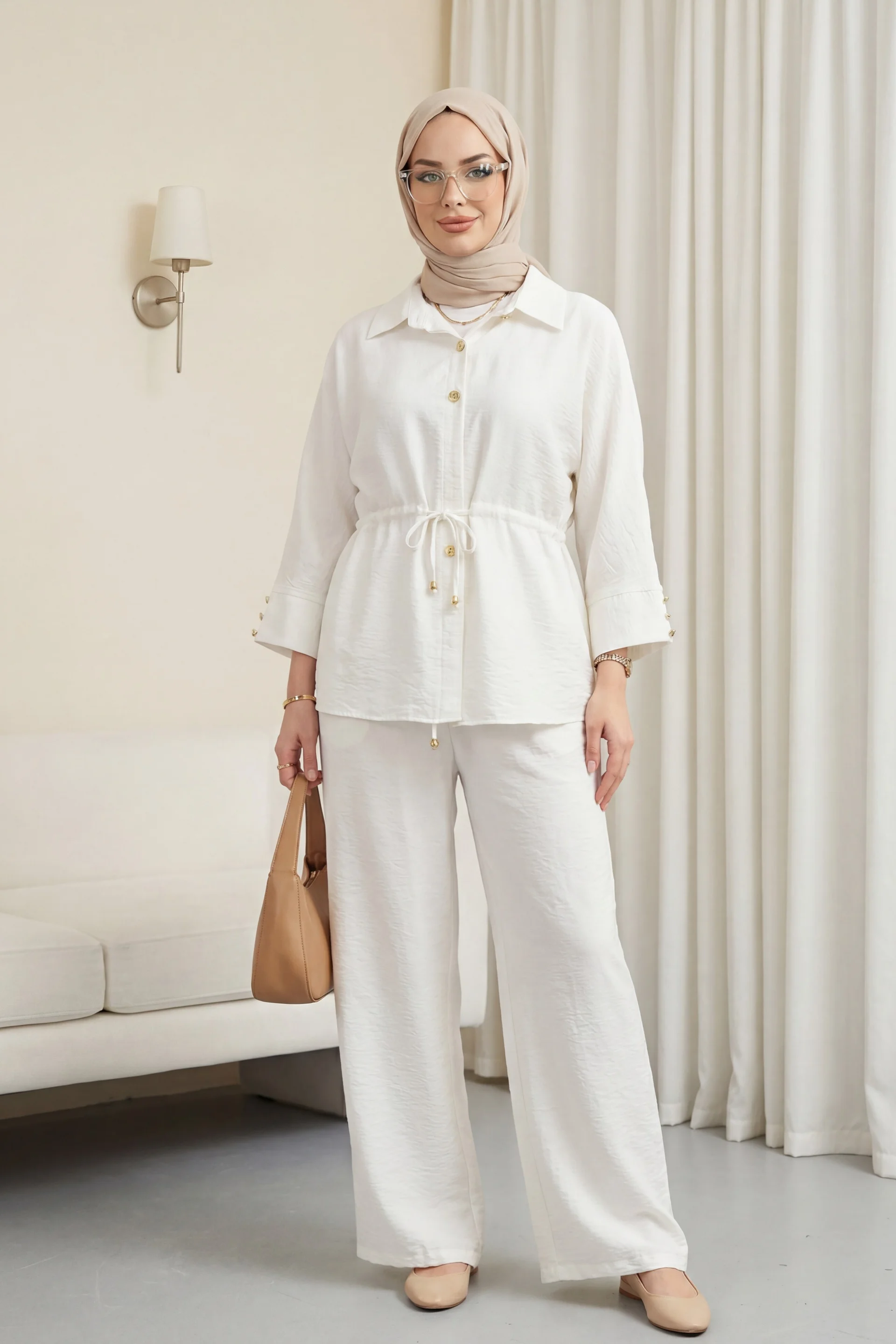 Cotton Crinkle Two-Piece Set with Drawstring Waist Pants - Ecru - Podyumplus - by Peralane - photo 6