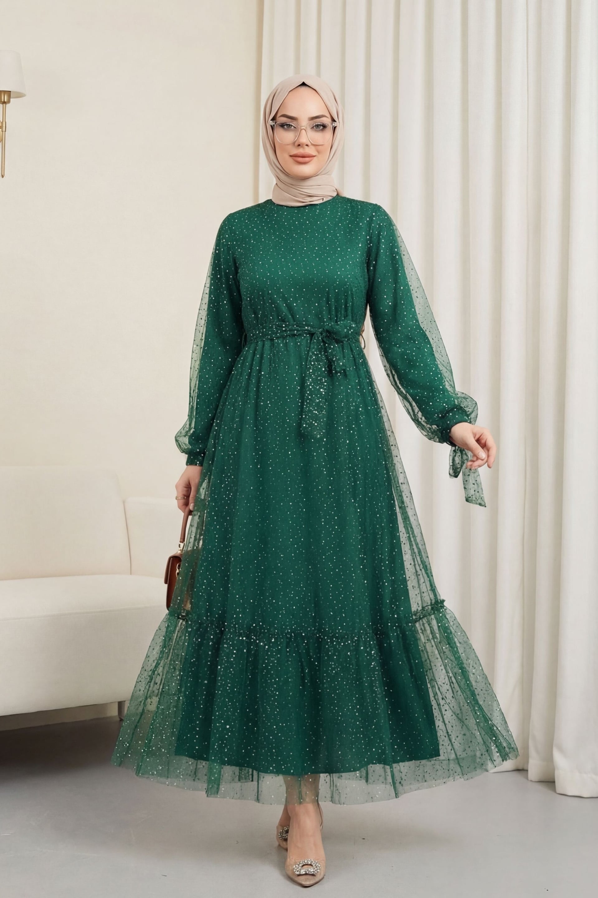 Emerald Green Sequin Detail Tulle Dress with Tie Sleeves - Podyumplus - by Peralane