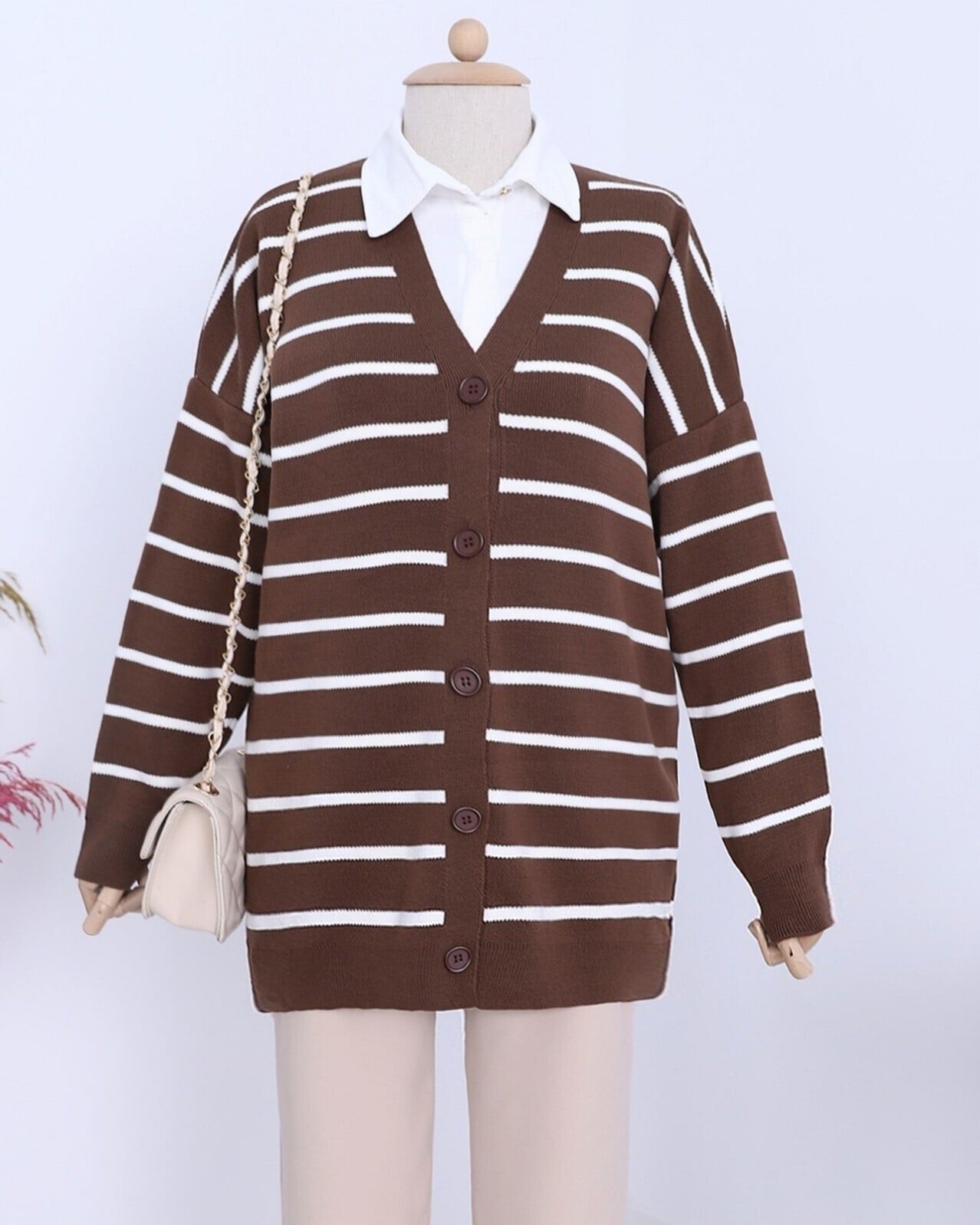 Striped Button-Up V-Neck Knit Cardigan - Brown - Podyumplus - by Peralane - photo 4