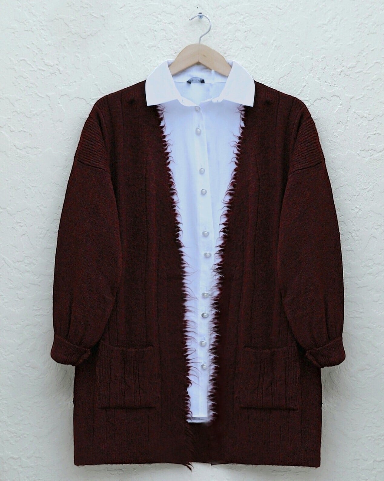 Fringe Detail Pocket Knit Cardigan - Bordeaux - Podyumplus - by Peralane - photo 2