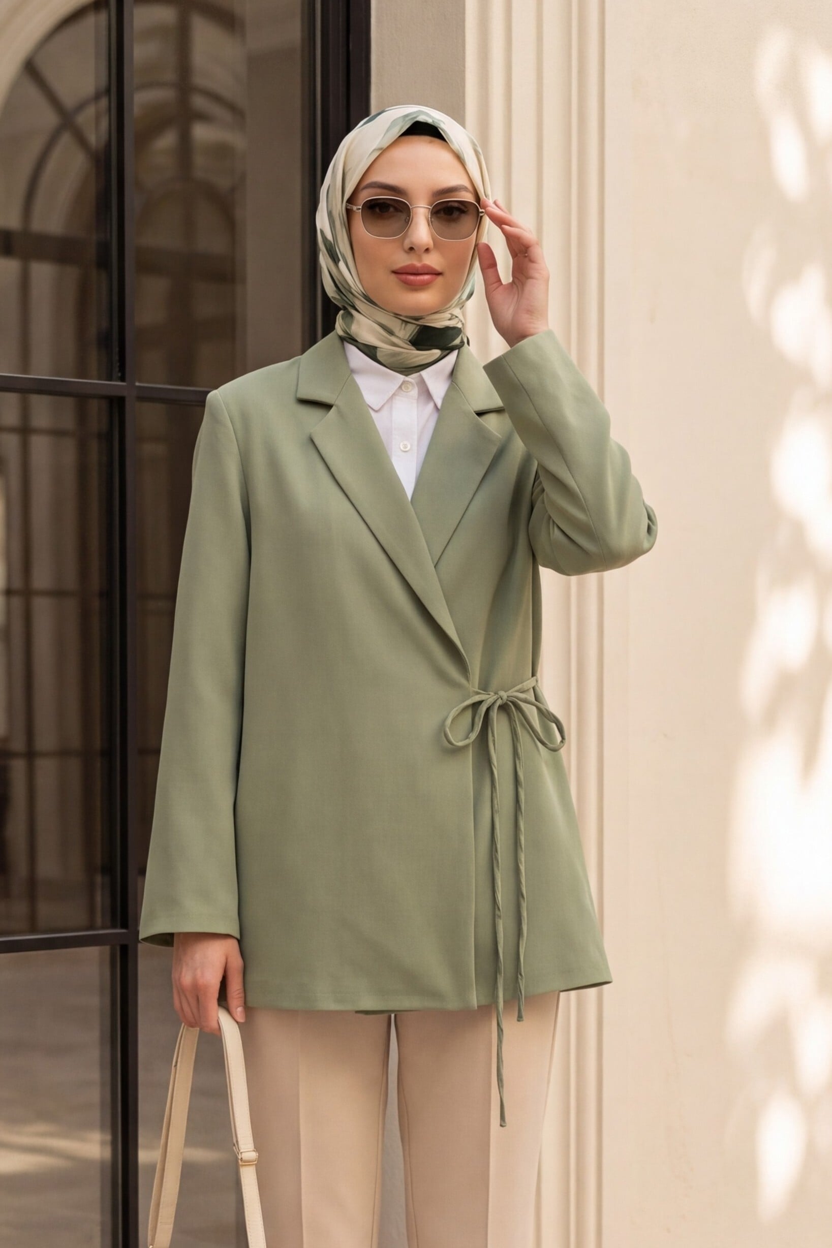 Side-Laced Back-Slit Lined Double Crepe Jacket - Sage Green - Podyumplus - by Peralane