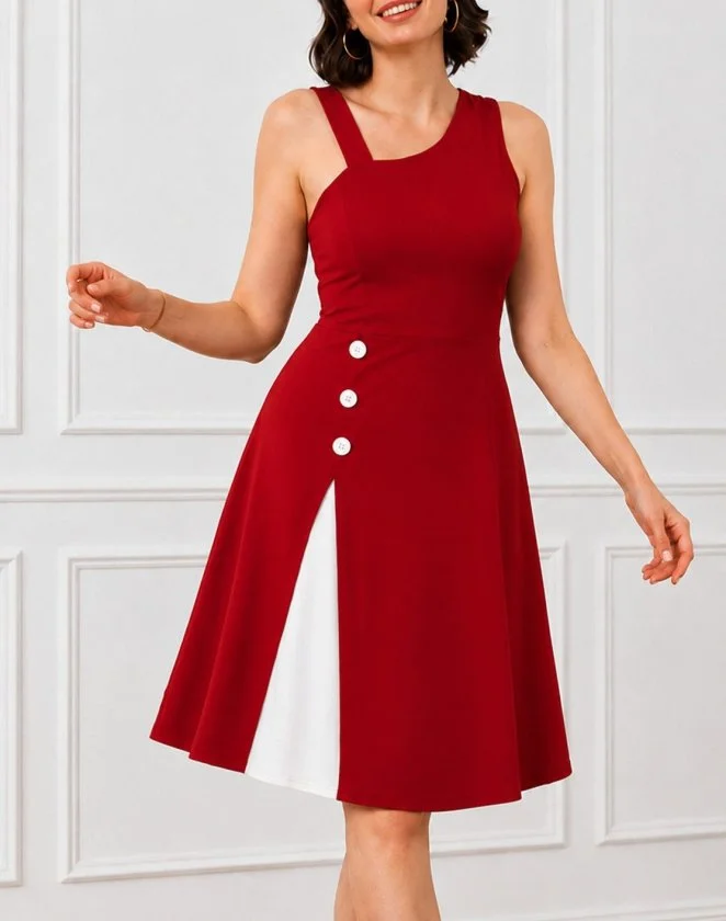 Women's Red Sleeveless Asymmetric Midi Dress with White Panel and Buttons - Janes - by Peralane - photo 2