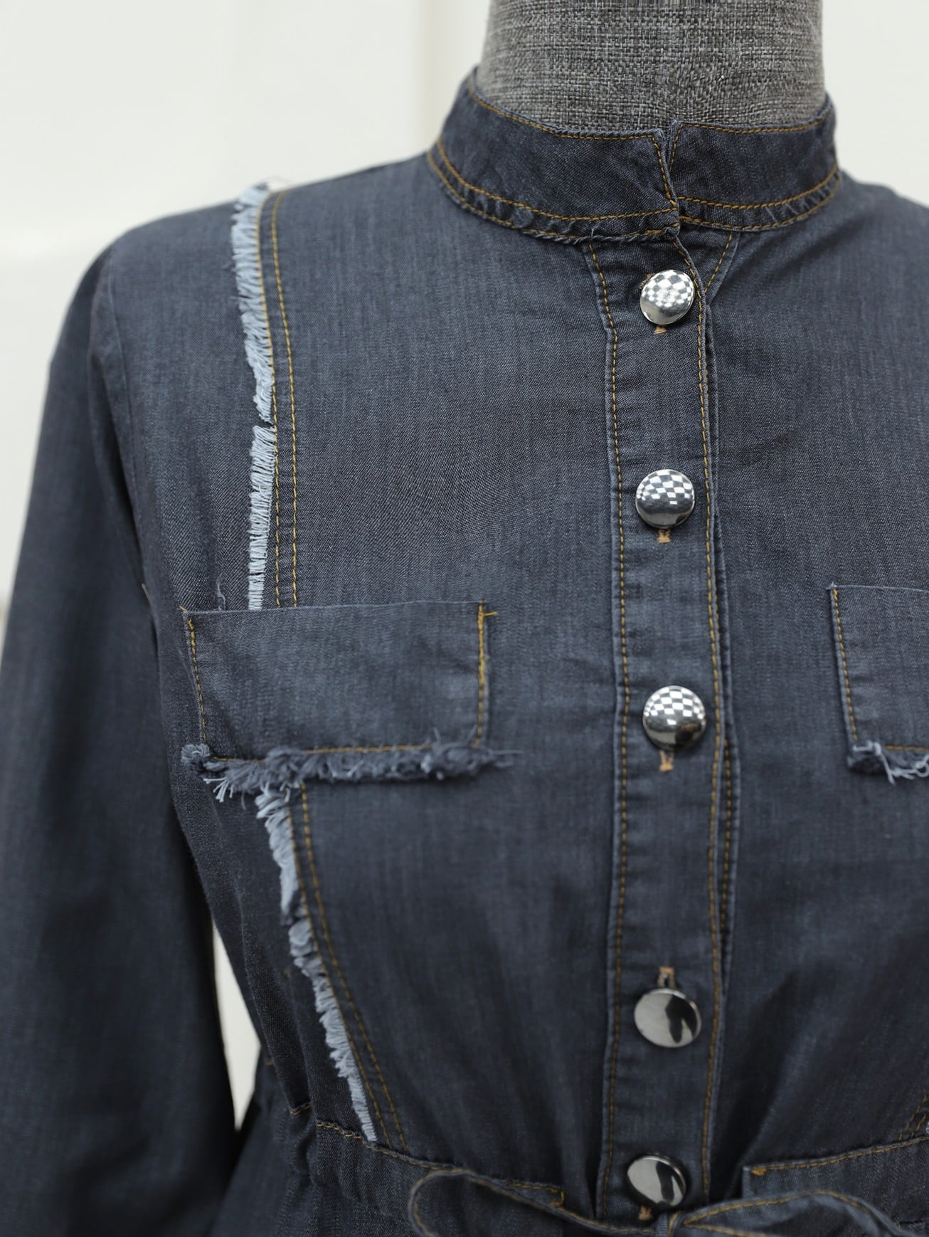 Half-Button Denim Dress with Fringe Details and Tunnel Lacing - Black - Podyumplus - by Peralane - photo 5