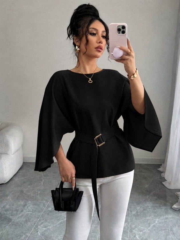 Women's Long-Sleeved Round Neck Batwing Sleeve Belted Satin Blouse - Janes - by Peralane