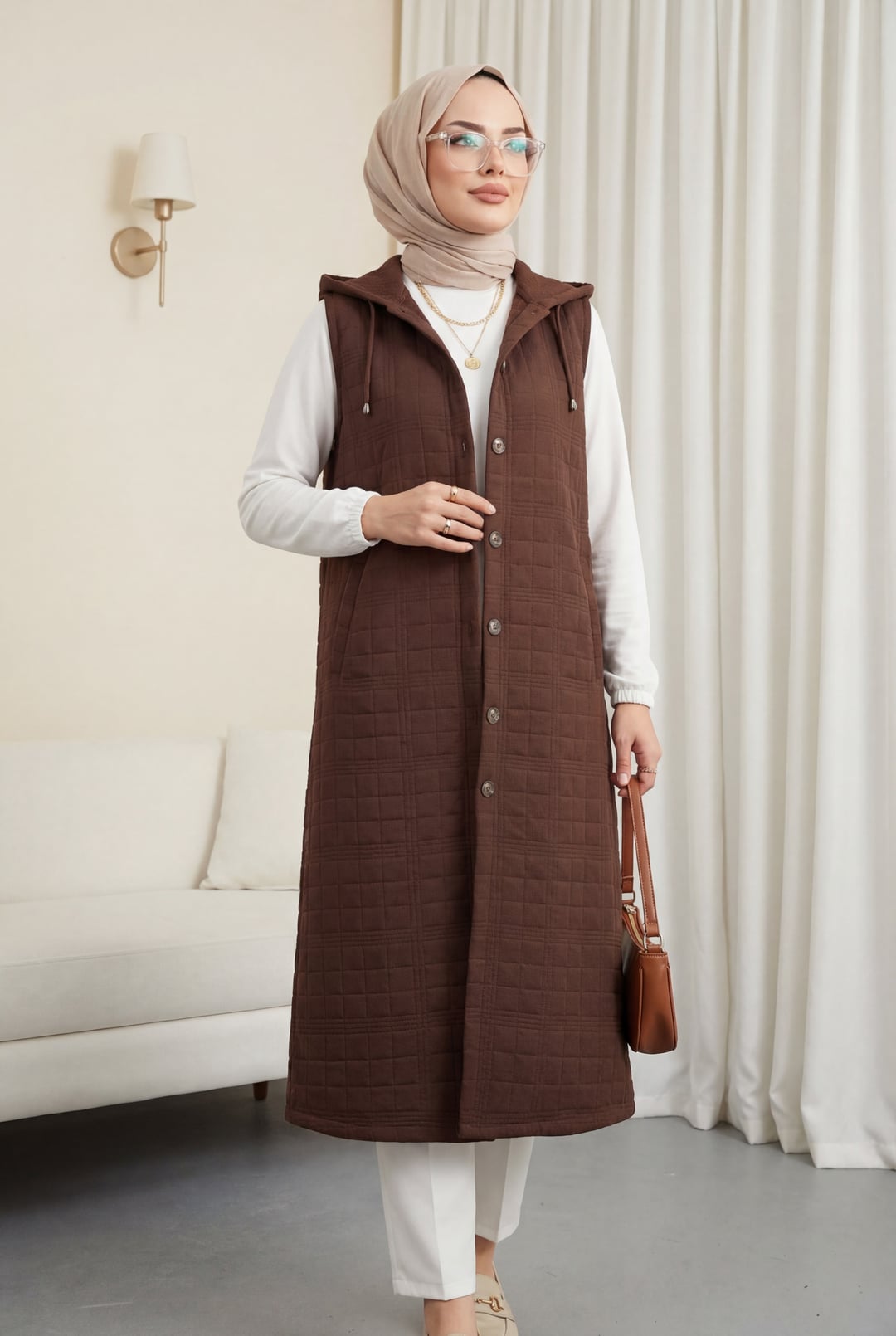 Women's Chain Detail Hooded Quilted Vest - Brown - Podyumplus - by Peralane
