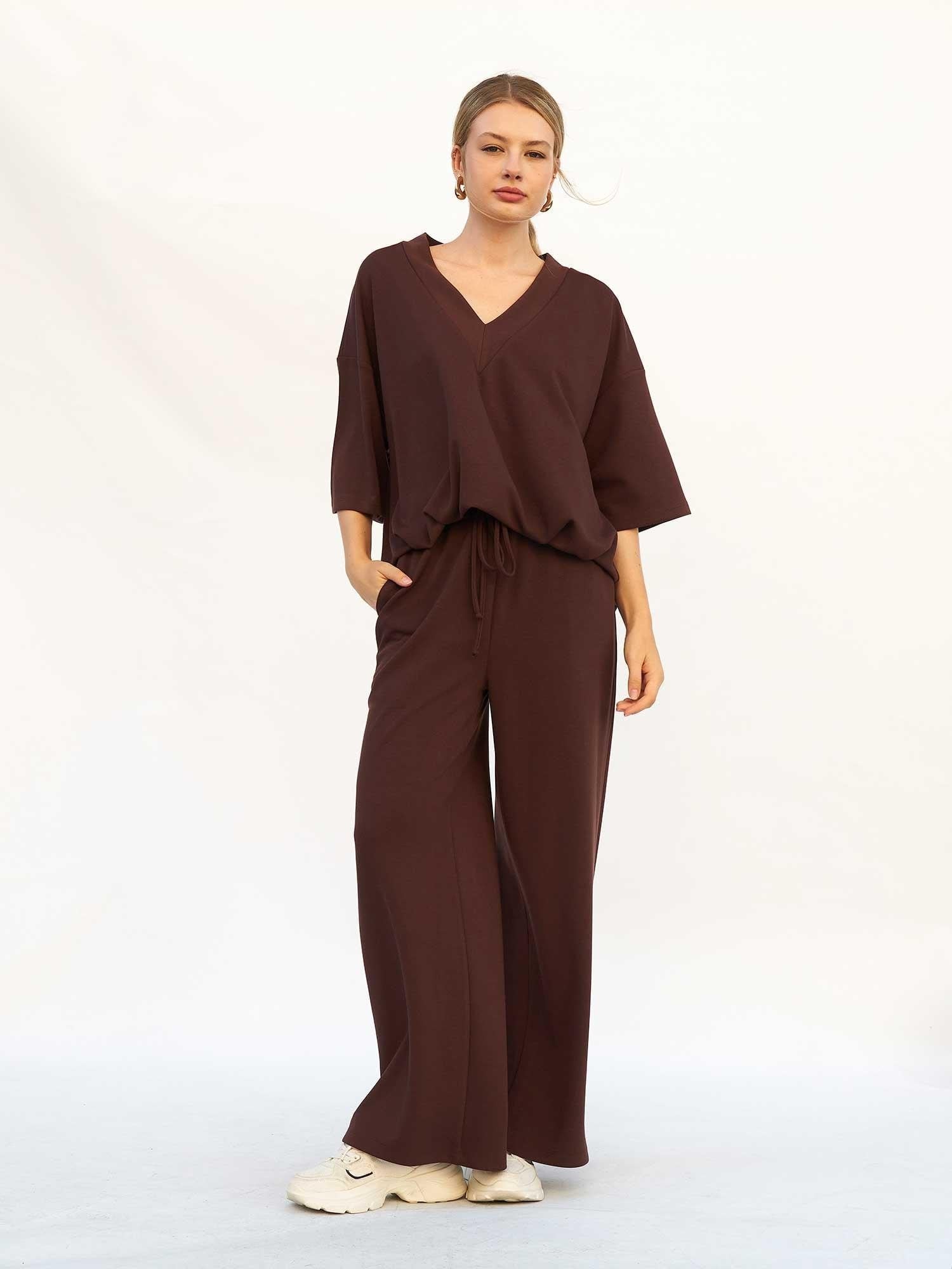 Women's Two-Piece Loungewear Set - Dark Brown, Drawstring Trousers and V-Neck Top - Lefon - by Peralane