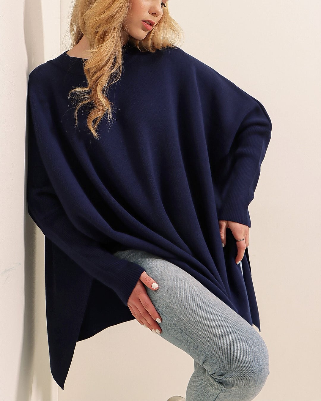 Navy Blue Oversize Poncho Knit Sweater with Side Slits - Bigdart - by Peralane - photo 7