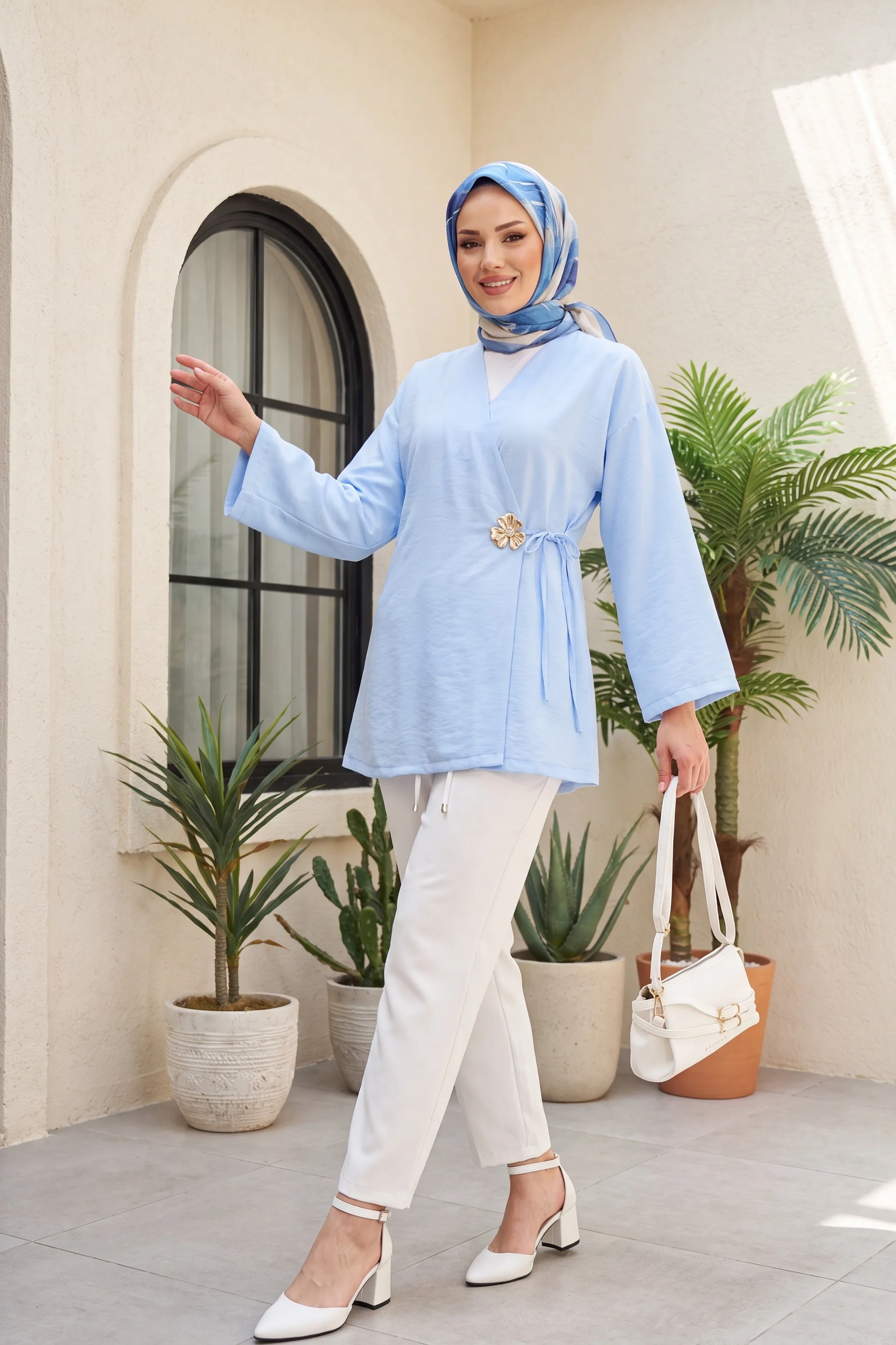 Side Wrap Tie Detail Modal Tunic - Baby Blue - Podyumplus - by Peralane - photo 2