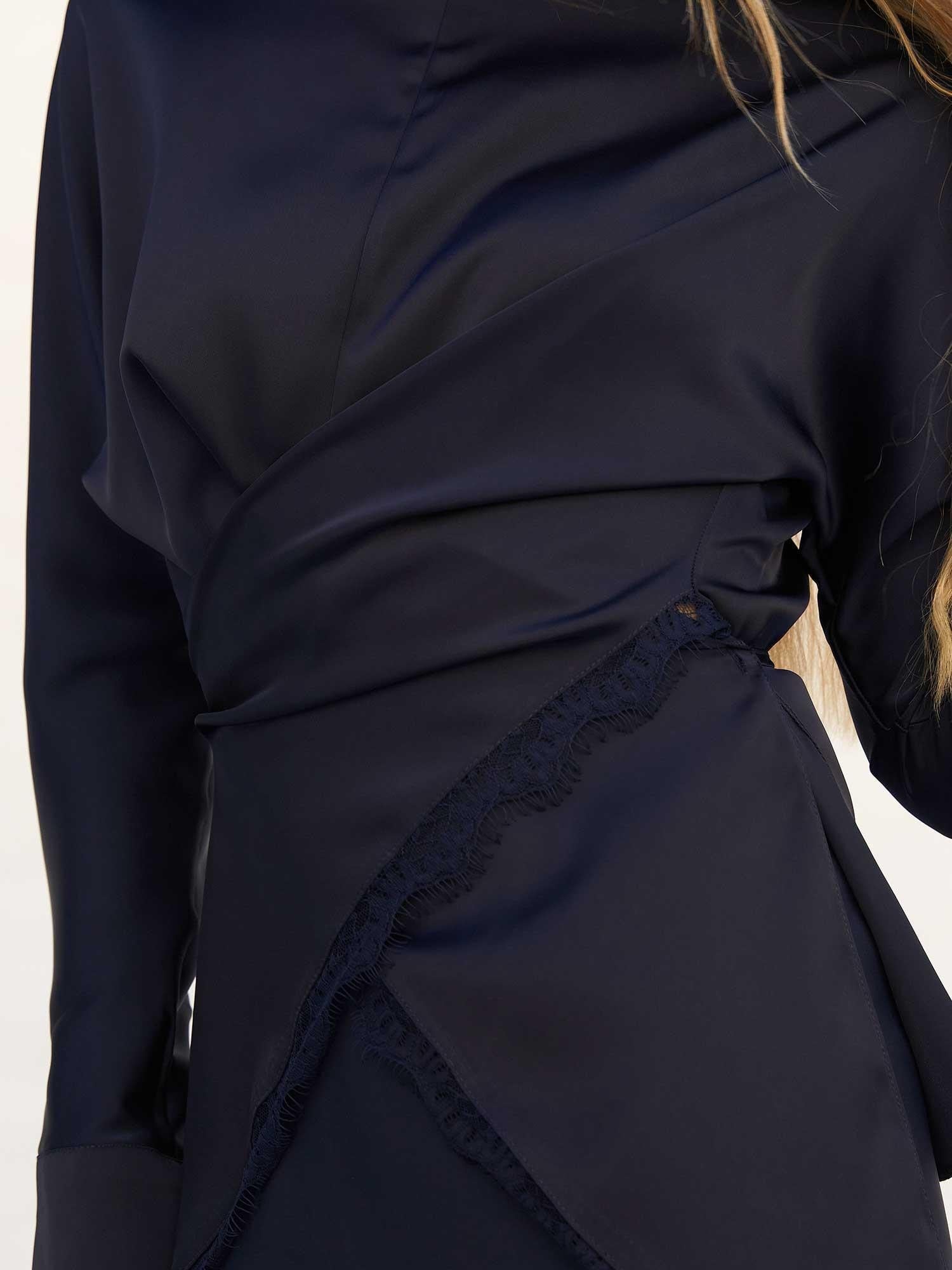 Navy Blue Satin Wrap Dress with Lace Trim - Lefon - by Peralane - photo 7