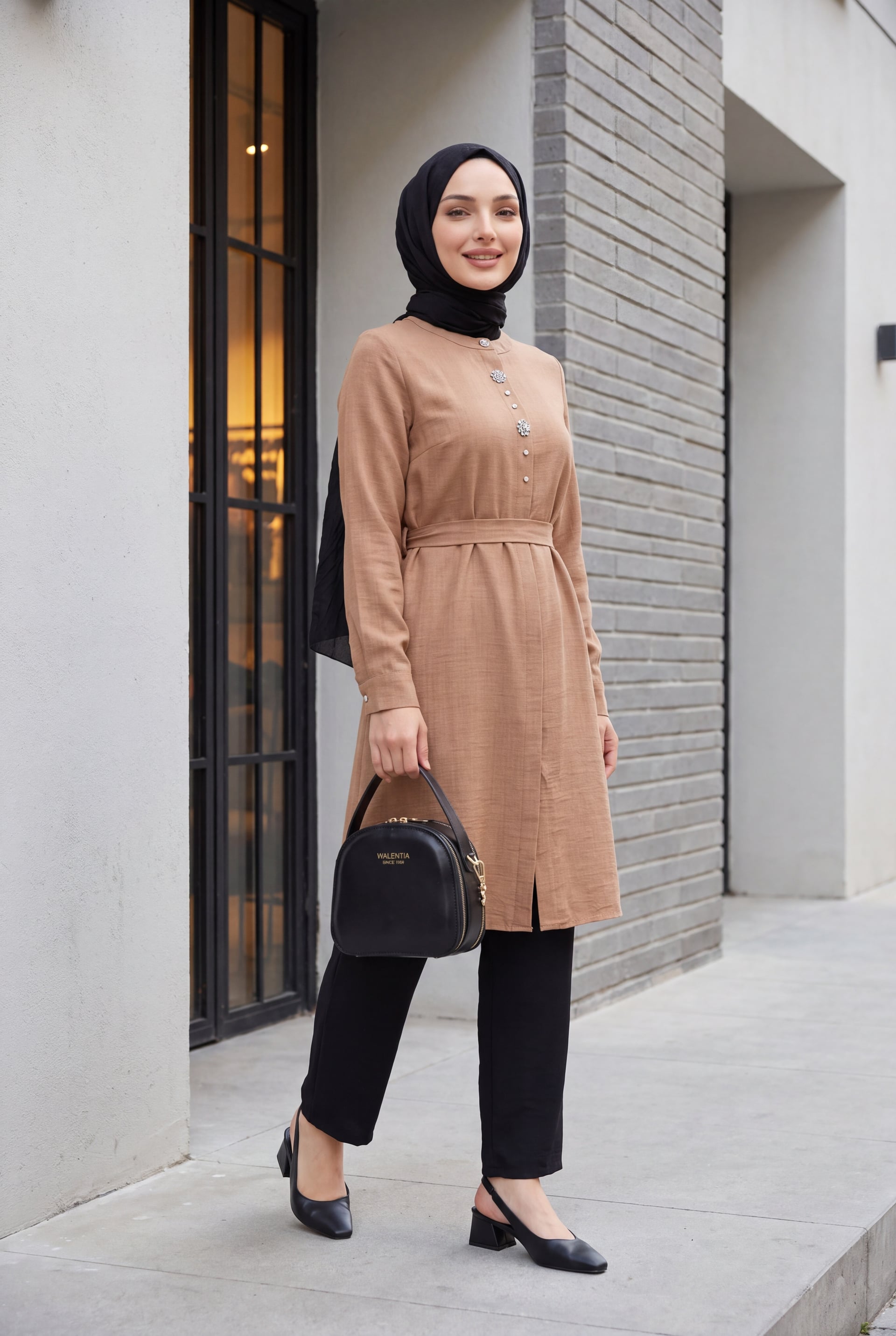 Stone Embellished Button-Front Belted Linen Look Long Tunic - Camel - Podyumplus - by Peralane - photo 2
