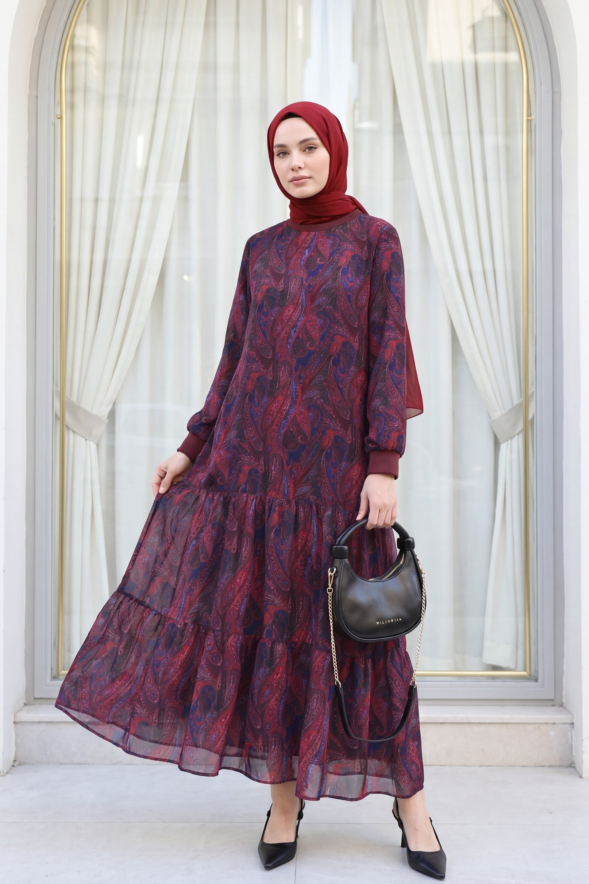 Women's Ethnic Print Layered Chiffon Dress - Burgundy - Podyumplus - by Peralane
