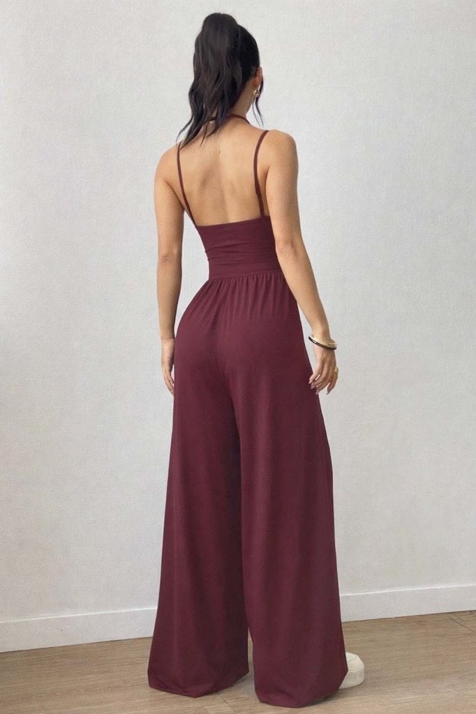 Women's Sleeveless Square Neck Wide-Leg Jumpsuit in Burgundy - Janes - by Peralane - photo 4