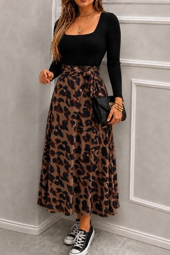 Women's Long-Sleeve Square Neck Viscose Leopard Print Tie-Waist Dress - Janes - by Peralane - photo 2