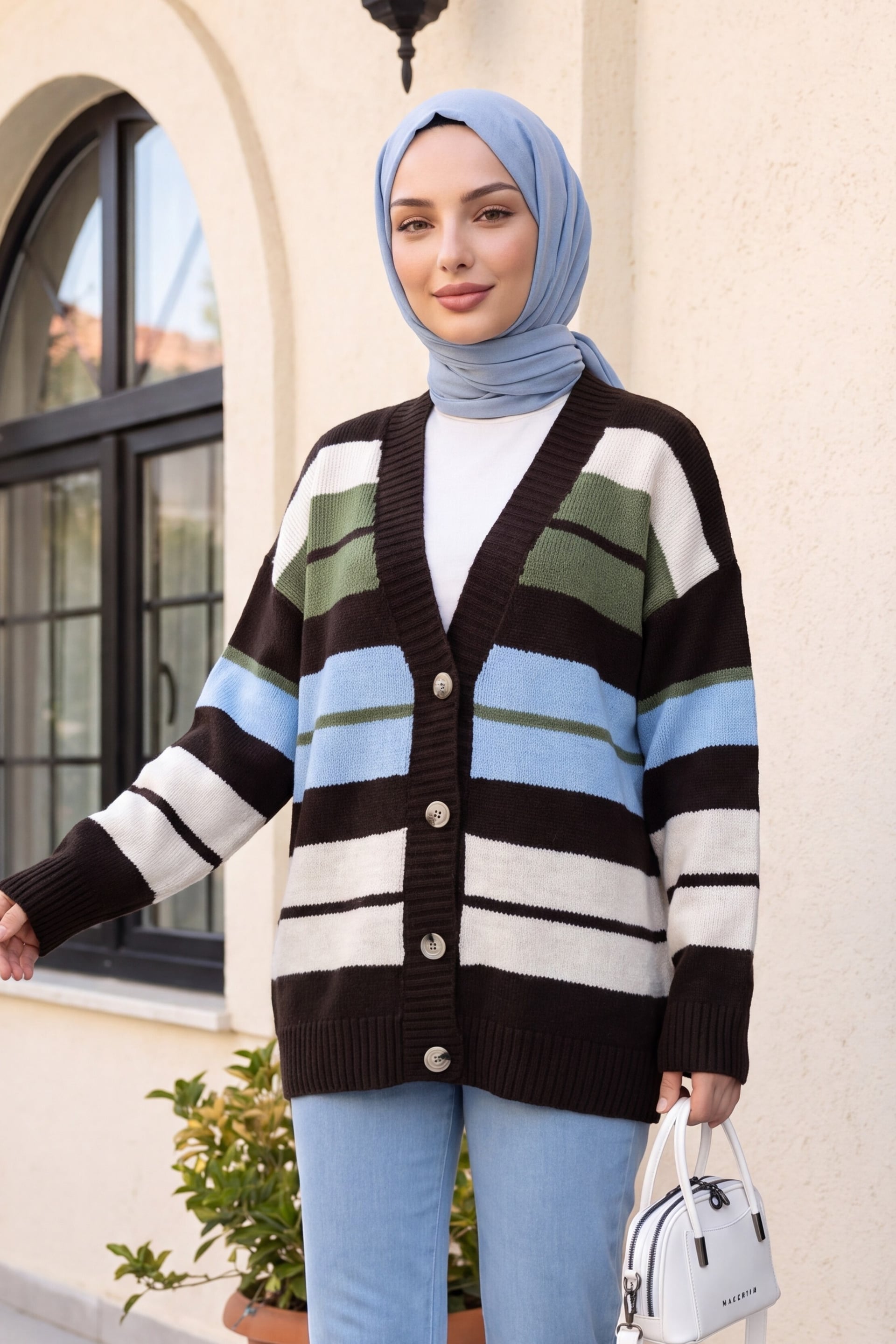 V-Neck Colorful Striped Buttoned Loose Knit Cardigan - Baby Blue - Podyumplus - by Peralane