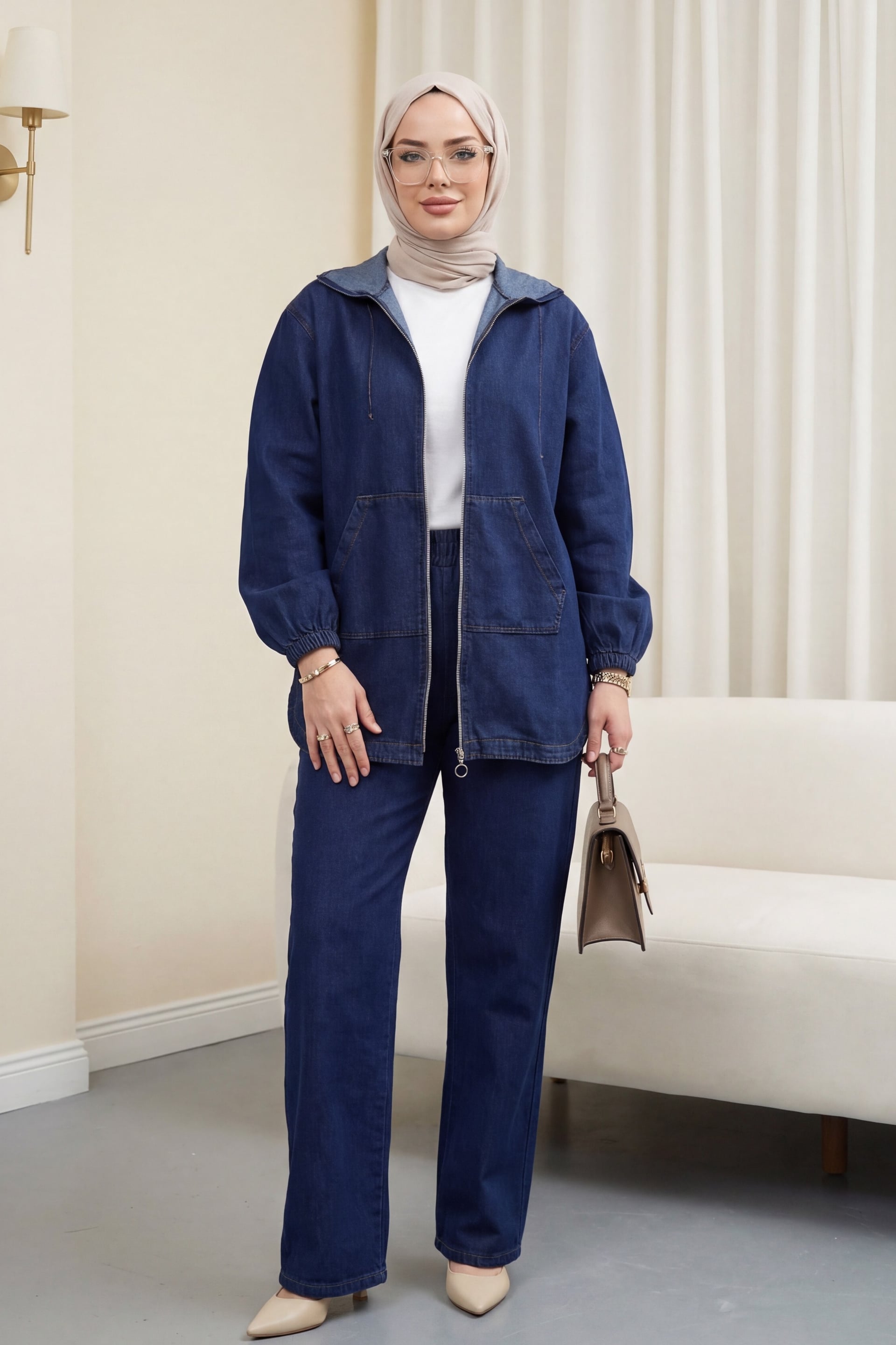 Hooded Zip-Front Denim Tracksuit with Elastic Cuffs and Pockets - Dark Blue - Podyumplus - by Peralane - photo 2