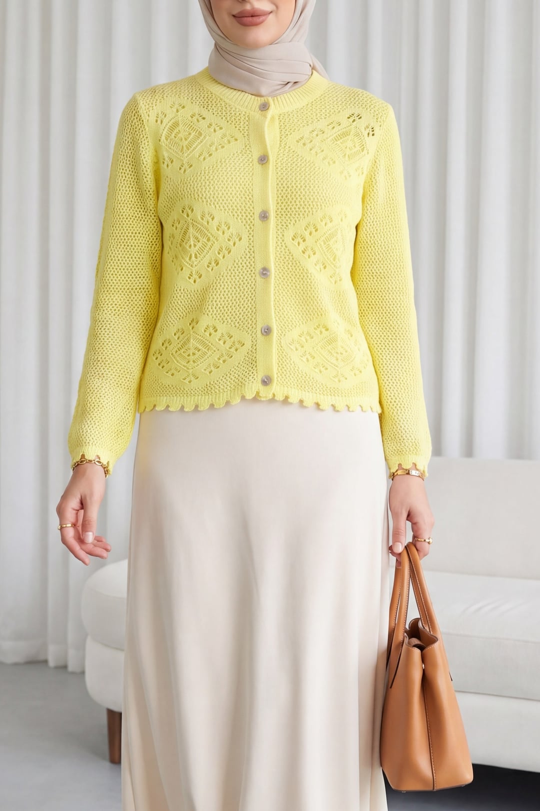 Geometric Patterned Open-Knit Button Cardigan - Yellow - Podyumplus - by Peralane - photo 5