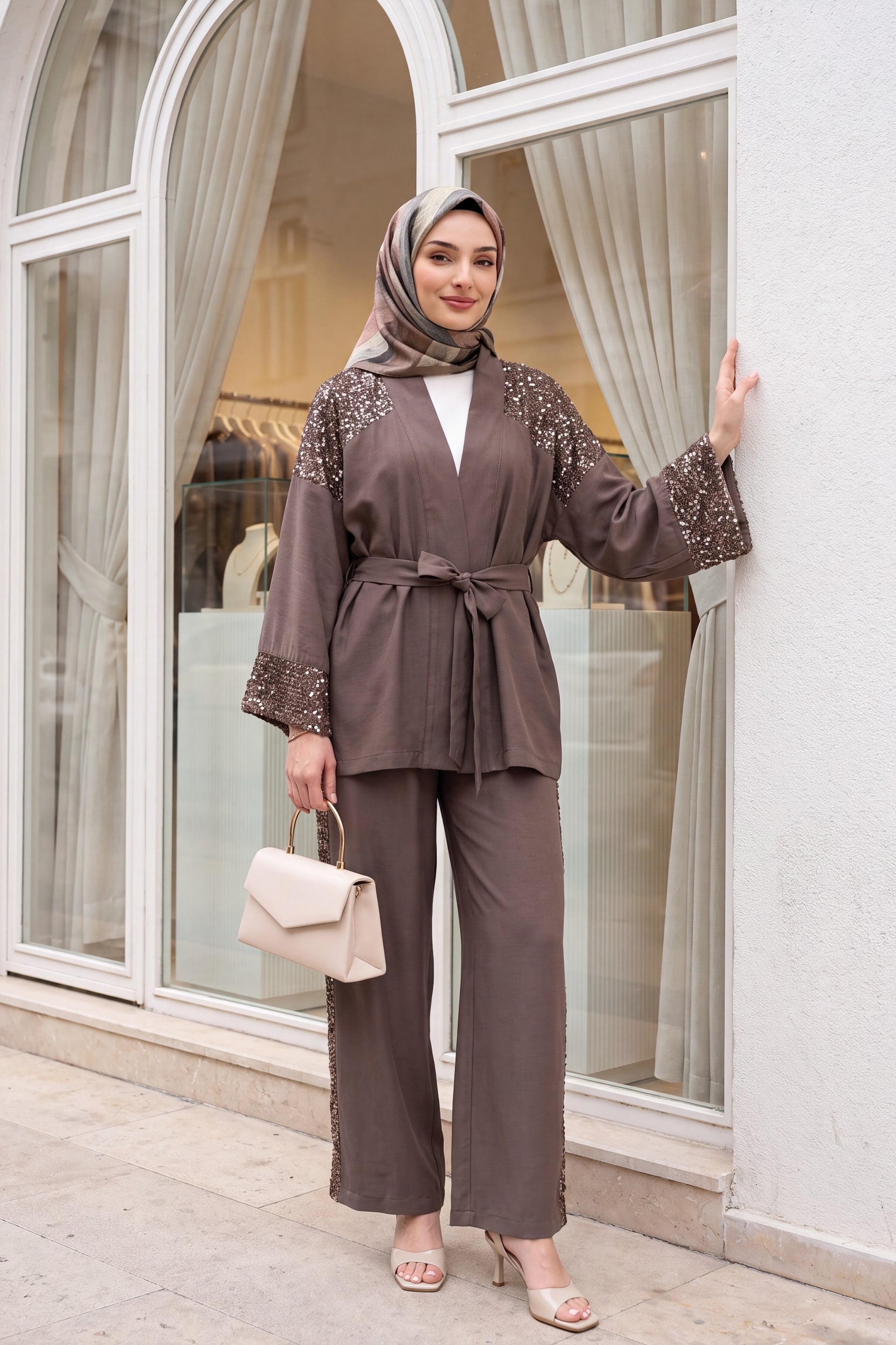 Sequin Embellished Belted Kimono Set with Wide-Leg Trousers - Earth - Podyumplus - by Peralane