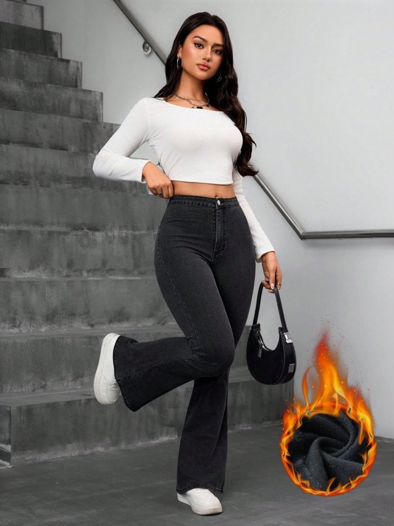 Women's High Waist Single Button Flared Denim Jeans - Janes - by Peralane