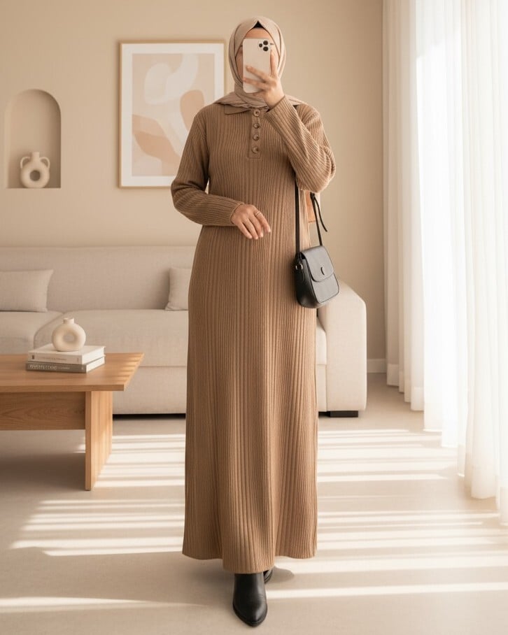 Polo Collar Buttoned Knit Dress - Camel - Podyumplus - by Peralane - photo 2