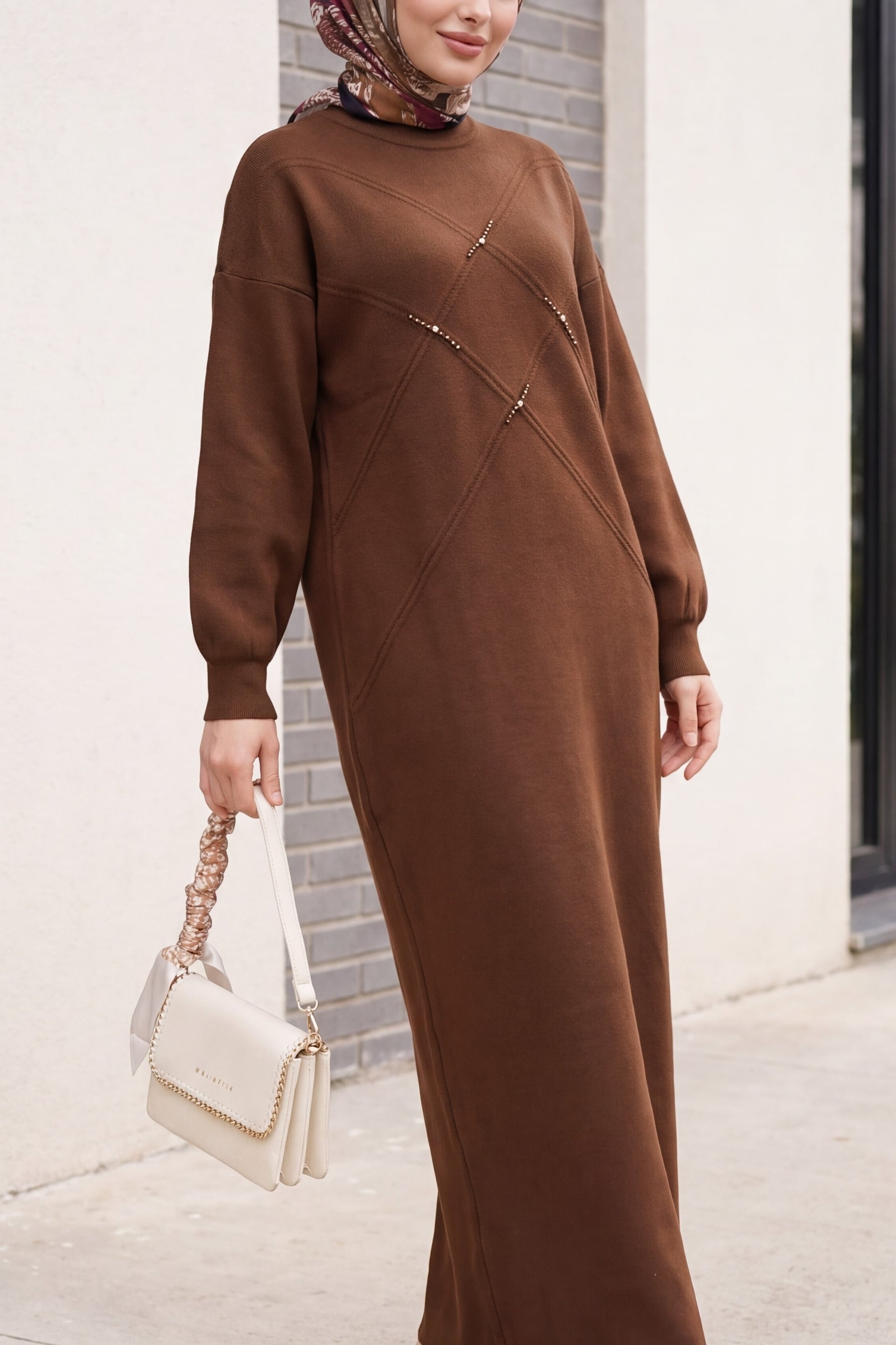 Long-Sleeved Brown Knit Dress with Stone and Bead Detailing - Podyumplus - by Peralane