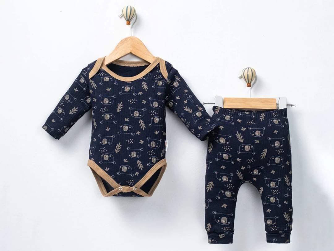 Bear Print Baby Boy Two-Piece Set - Navy - Supermini - by Peralane
