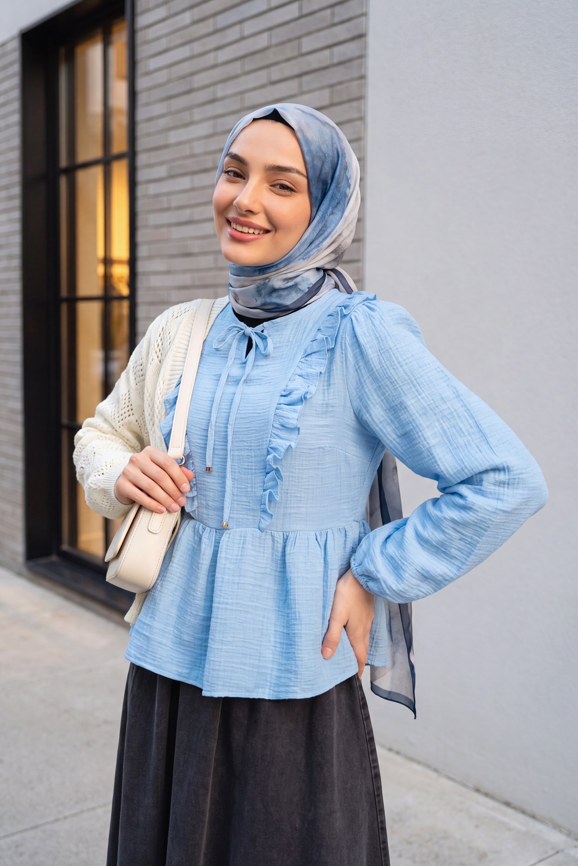 Crinkle Blouse with Tie Neck and Ruffled Front - Baby Blue - Podyumplus - by Peralane - photo 3