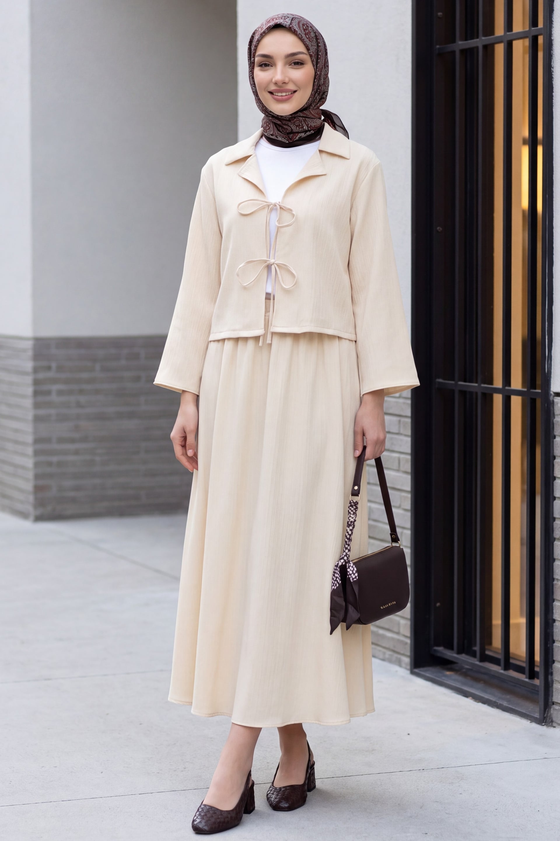 Front-Tie Crinkle Two-Piece Modest Set with Skirt - Beige - Podyumplus - by Peralane - photo 3