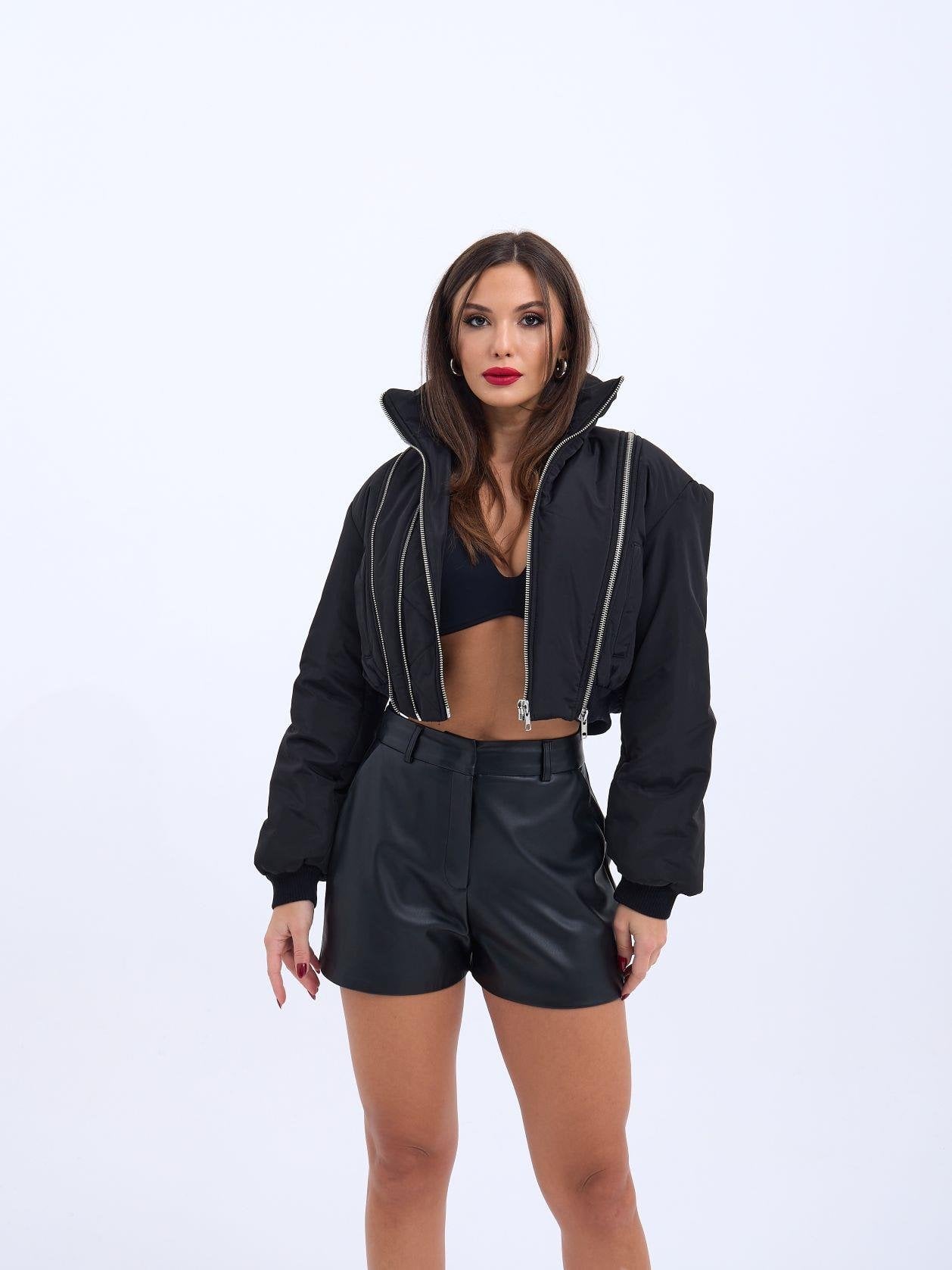 Women's Cropped Puffer Jacket and Faux Leather Shorts Set - Fame - by Peralane - photo 5