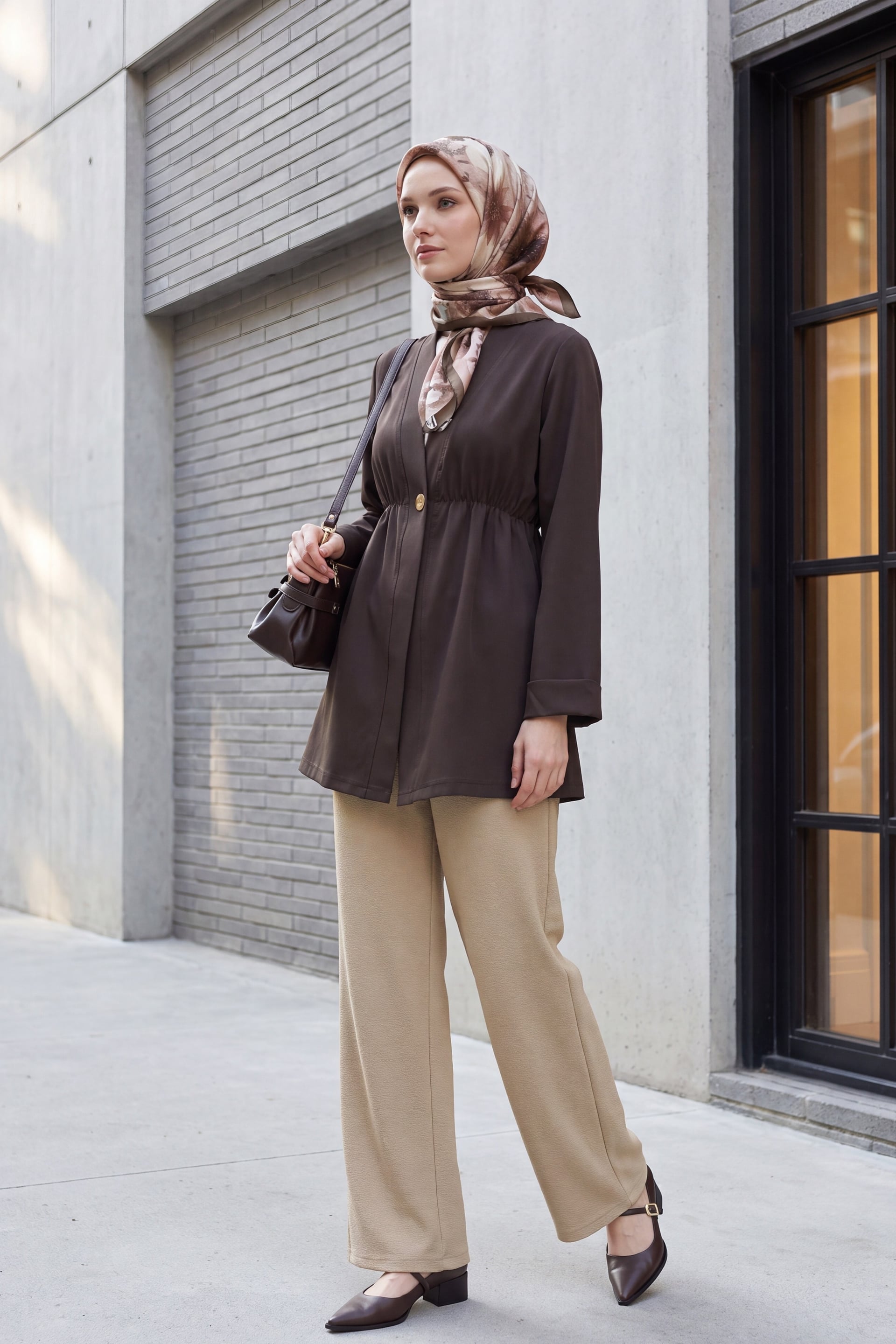 Elasticated Waist Single Button Crepe Kimono Jacket - Dark Brown - Podyumplus - by Peralane - photo 8
