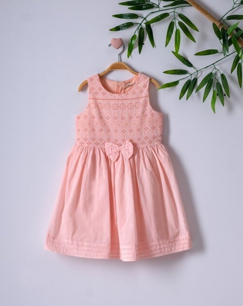 Girl's Eyelet Lace Dress with Bow - Peach - Pack of 4 - Busra Bebe - by Peralane
