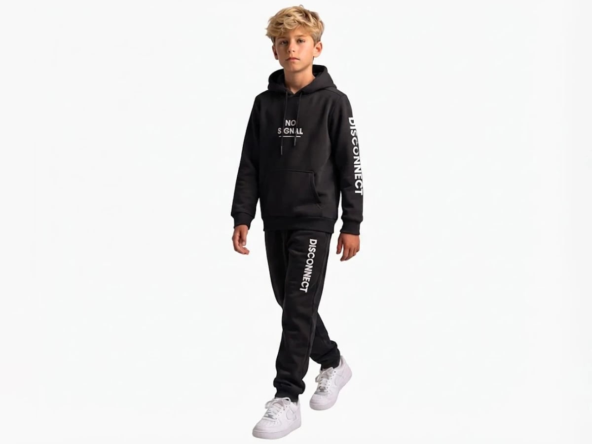 No Signal Print Hooded 3-Thread Brushed Boys' Tracksuit Set - Koska - by Peralane