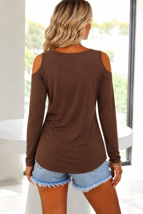Women's Long Sleeve Cold Shoulder V-Neck Blouse in Brown - Janes - by Peralane - photo 3