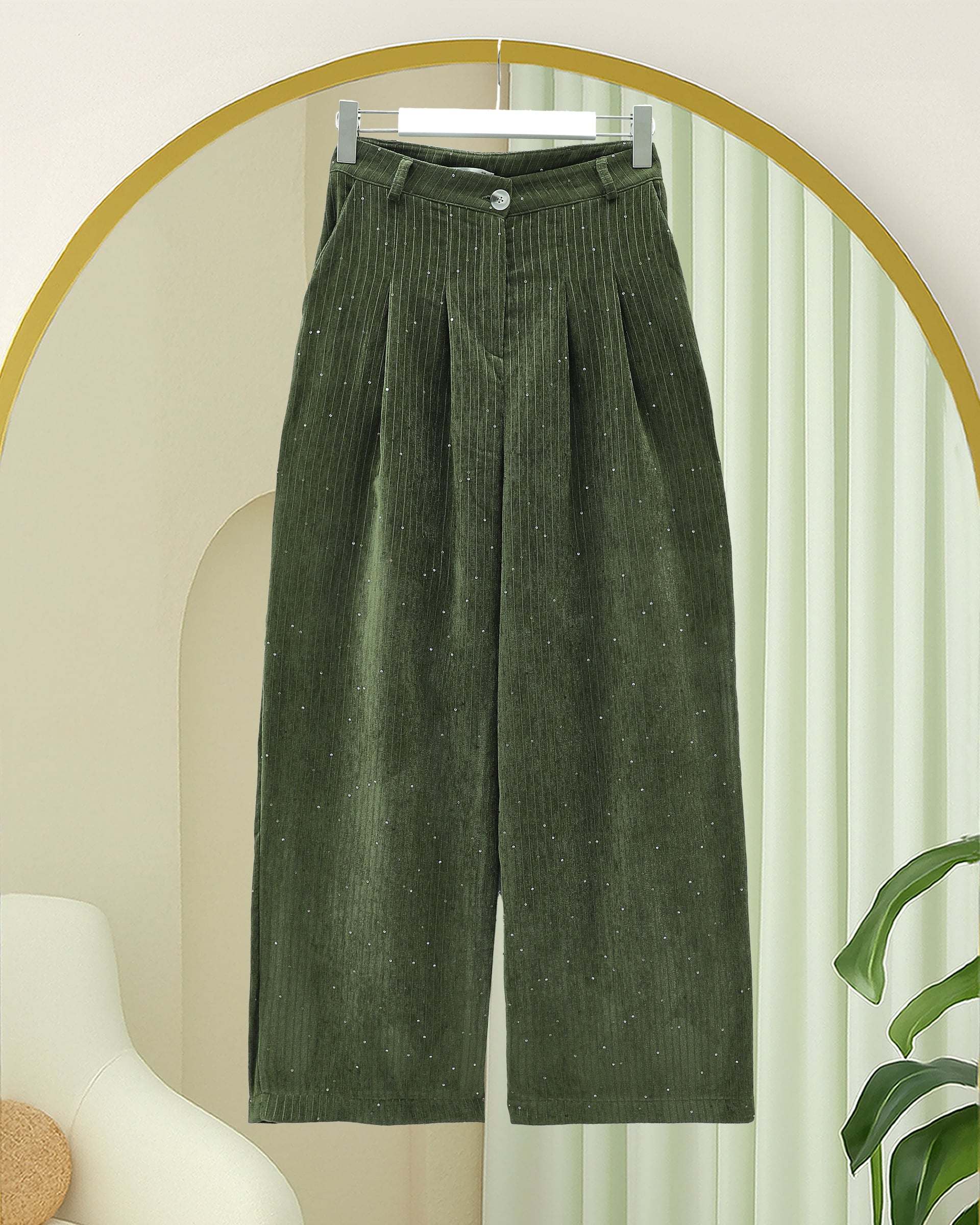 Pocketed Wide-Leg Sequined Corduroy Trousers - Khaki - Podyumplus - by Peralane - photo 4