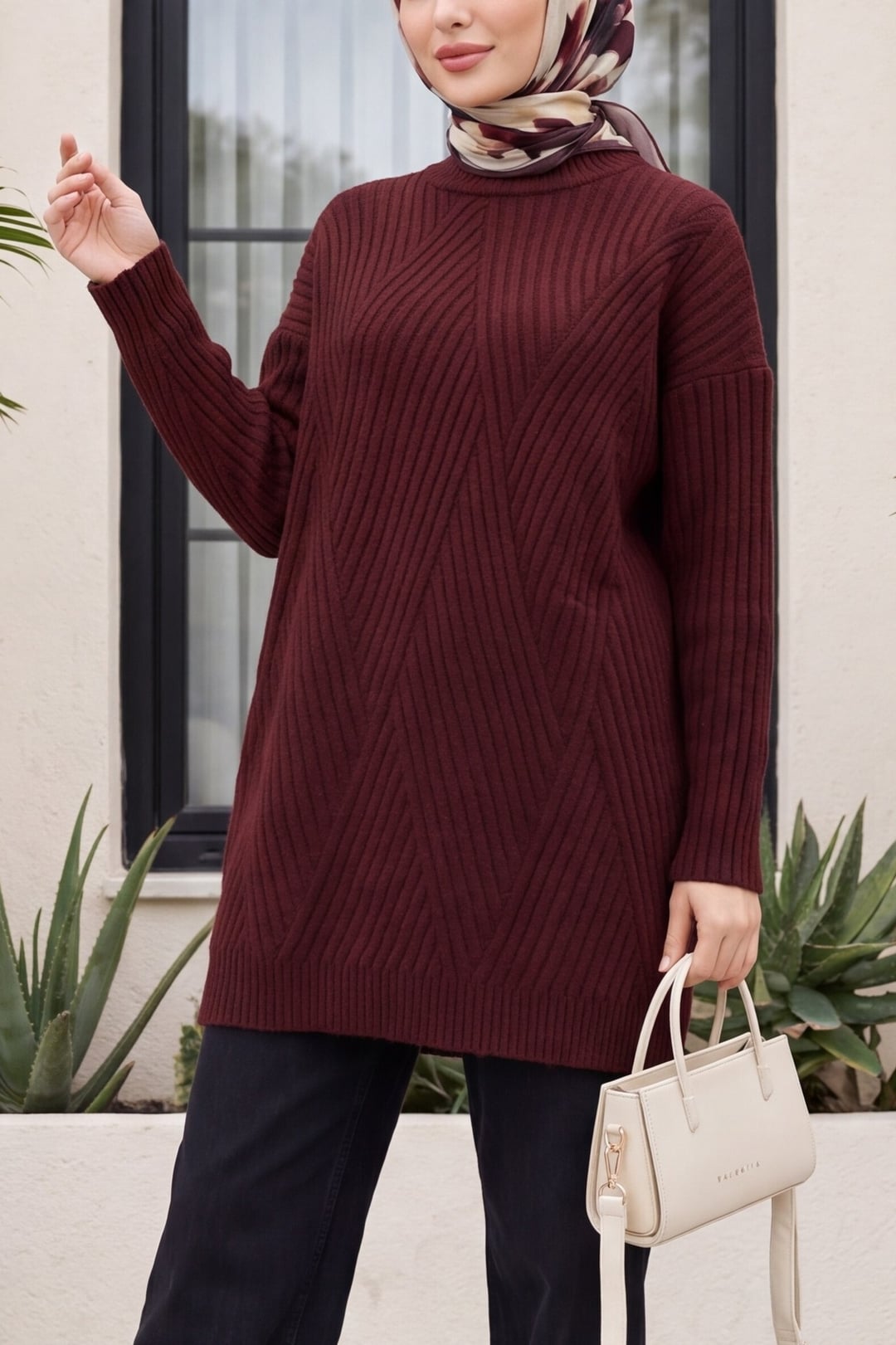 Textured Knit Diamond Pattern Tunic - Plum - Podyumplus - by Peralane